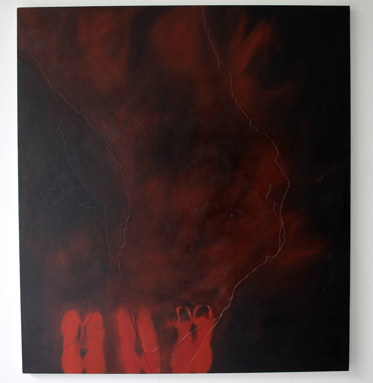 The thing that makes the obscure obvious by overturning overturns / oil on canvas with string / 60in x 54in / 2019