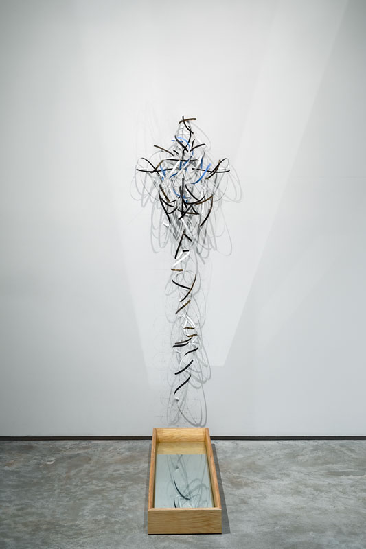 Amina Ahmed, Pondering the Fish, 2019, a drawing on site: graphite, paper, cotton thread, copper, light, mirror, water, shadow, paint.  Photo credit: Rafael Gamo.