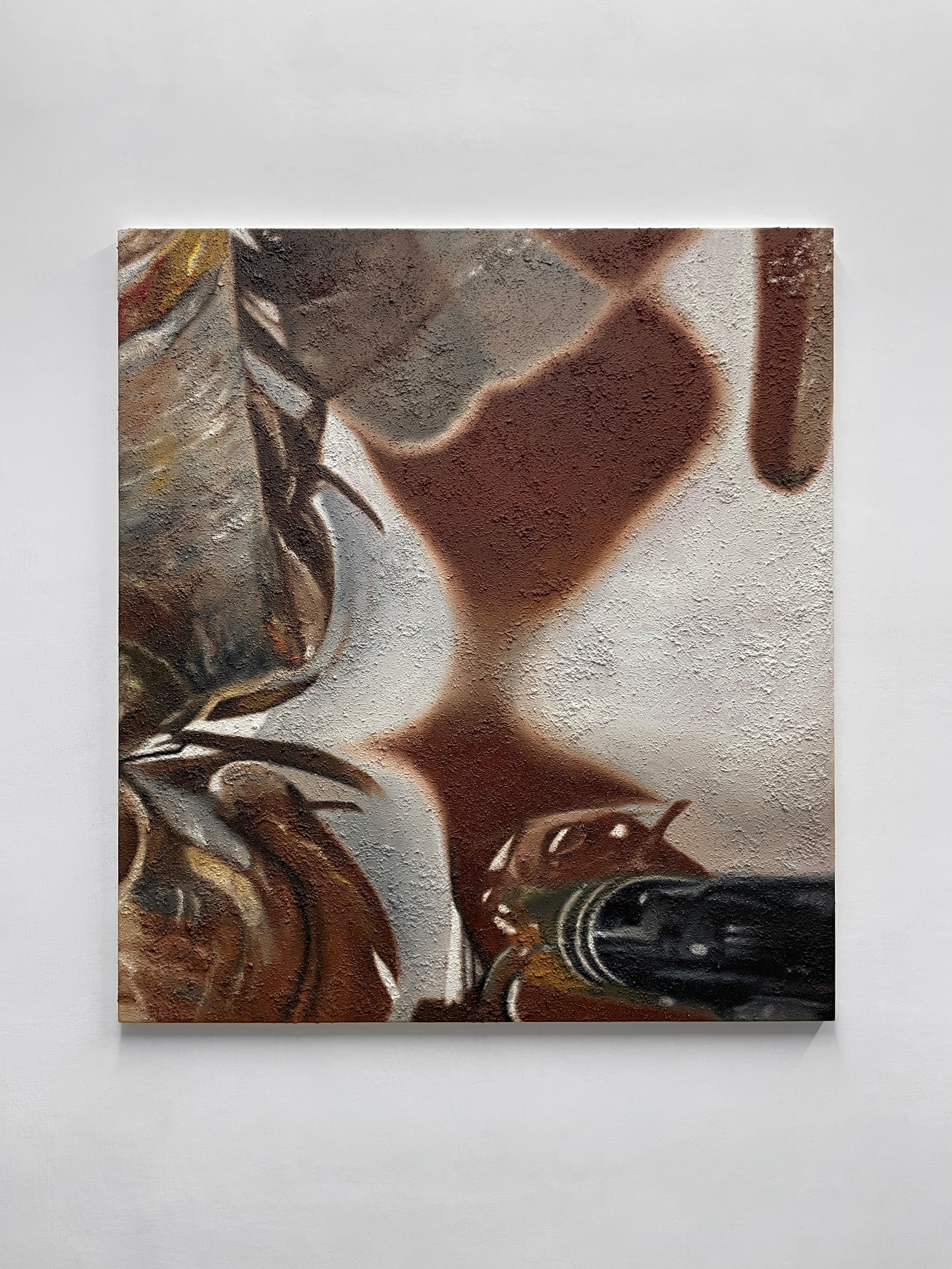 Brushes in Solvent (2)Soil, sand, dust, acrylic, oil on canvas, 100x90 cm, 2025