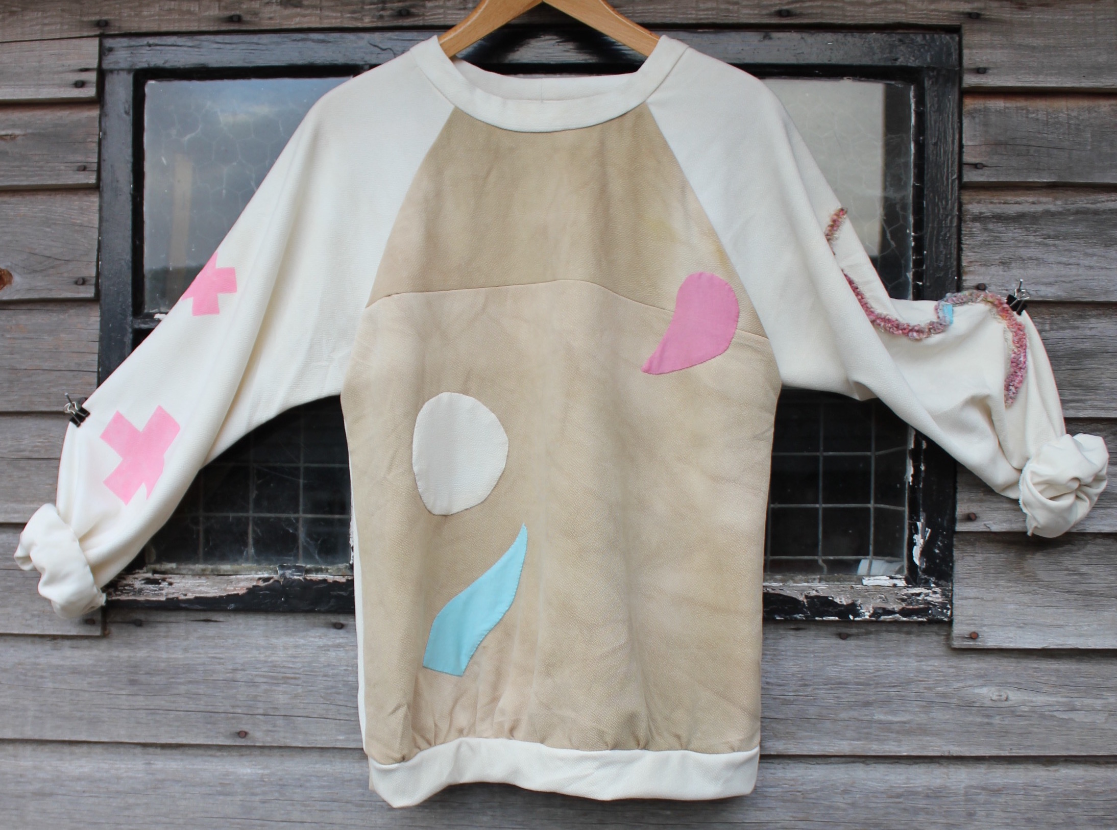 Sweatshirt for territory, for tone, for punctuation, for nuance, for feeling.2017Screenprint, natural dye (black beans, avocado and onions), reclaimed synthetic fabrics, reclaimed cotton