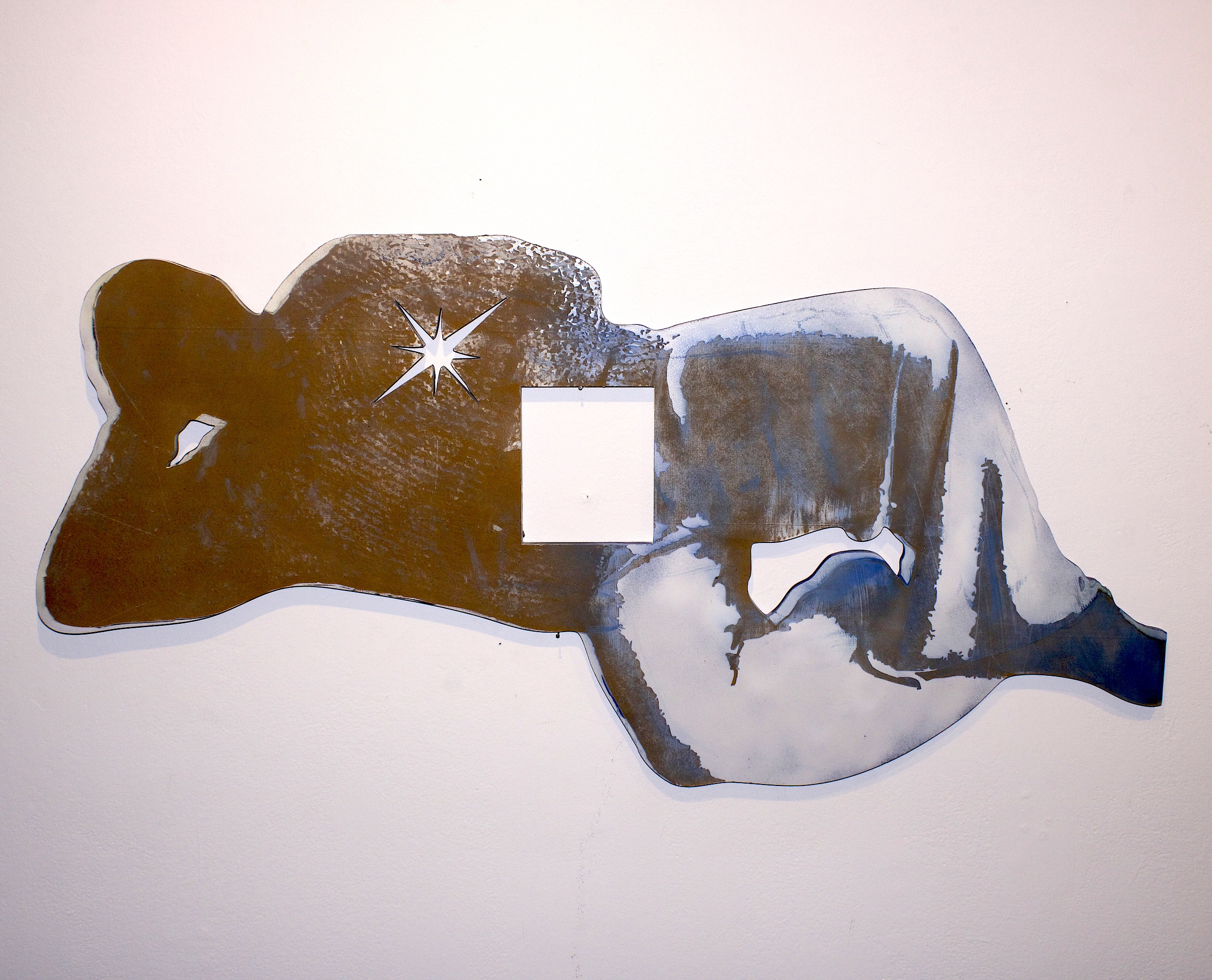 Recumbit, 2025, Oil, chalk, enamel on panel, 46 x 97 cm