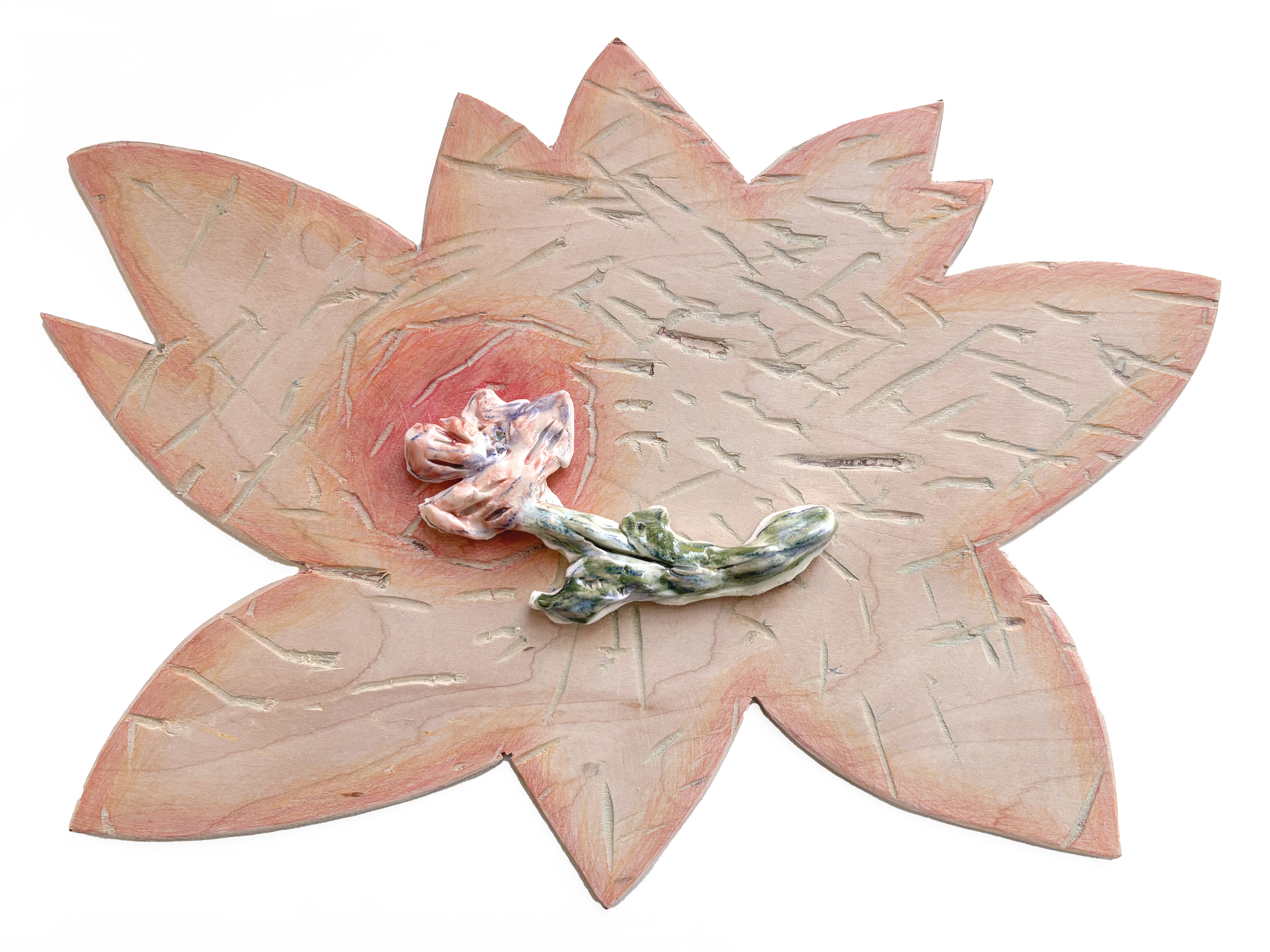„Flower from my garden", H24cm x W32cm, colour pencils on wood panel, ceramics, 2025