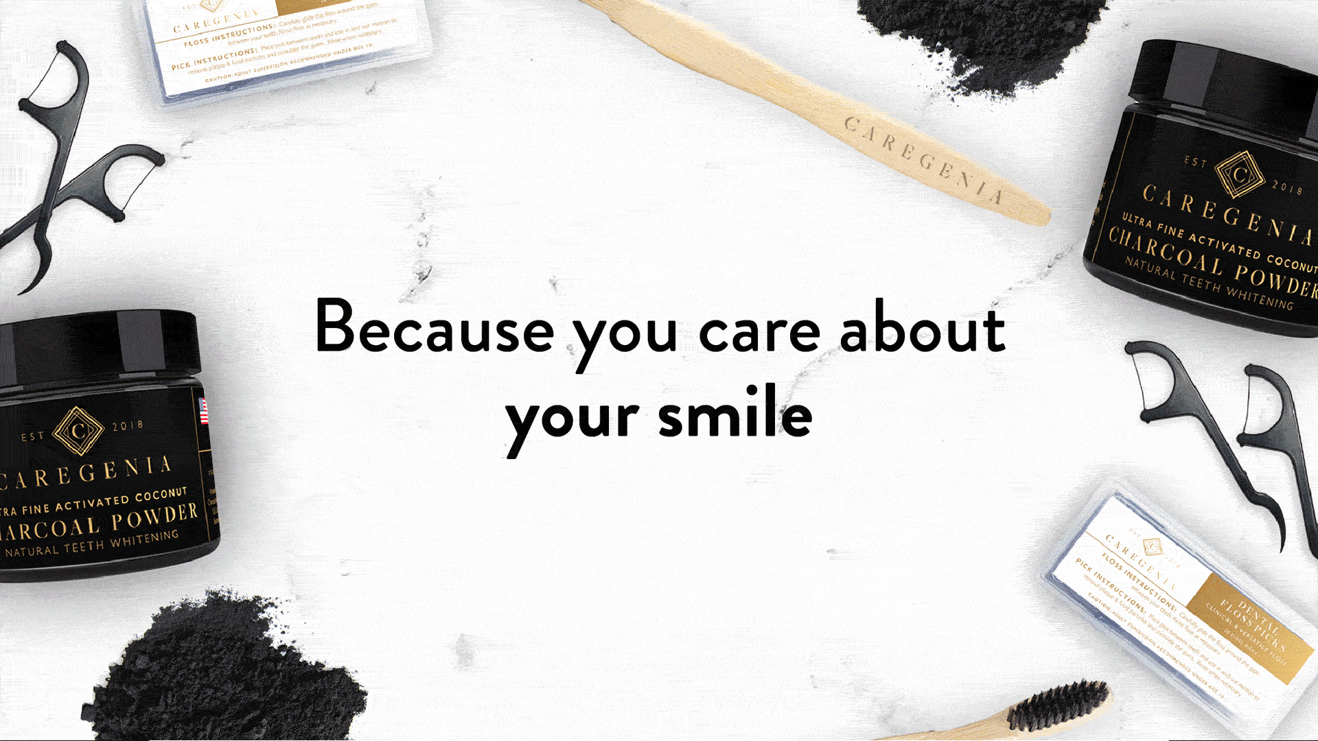 Caregenia – Charcoal Teeth Whitening &nbsp;&nbsp;&nbsp; ︎ Brand Identity, Website Design, Photography, Art Direction