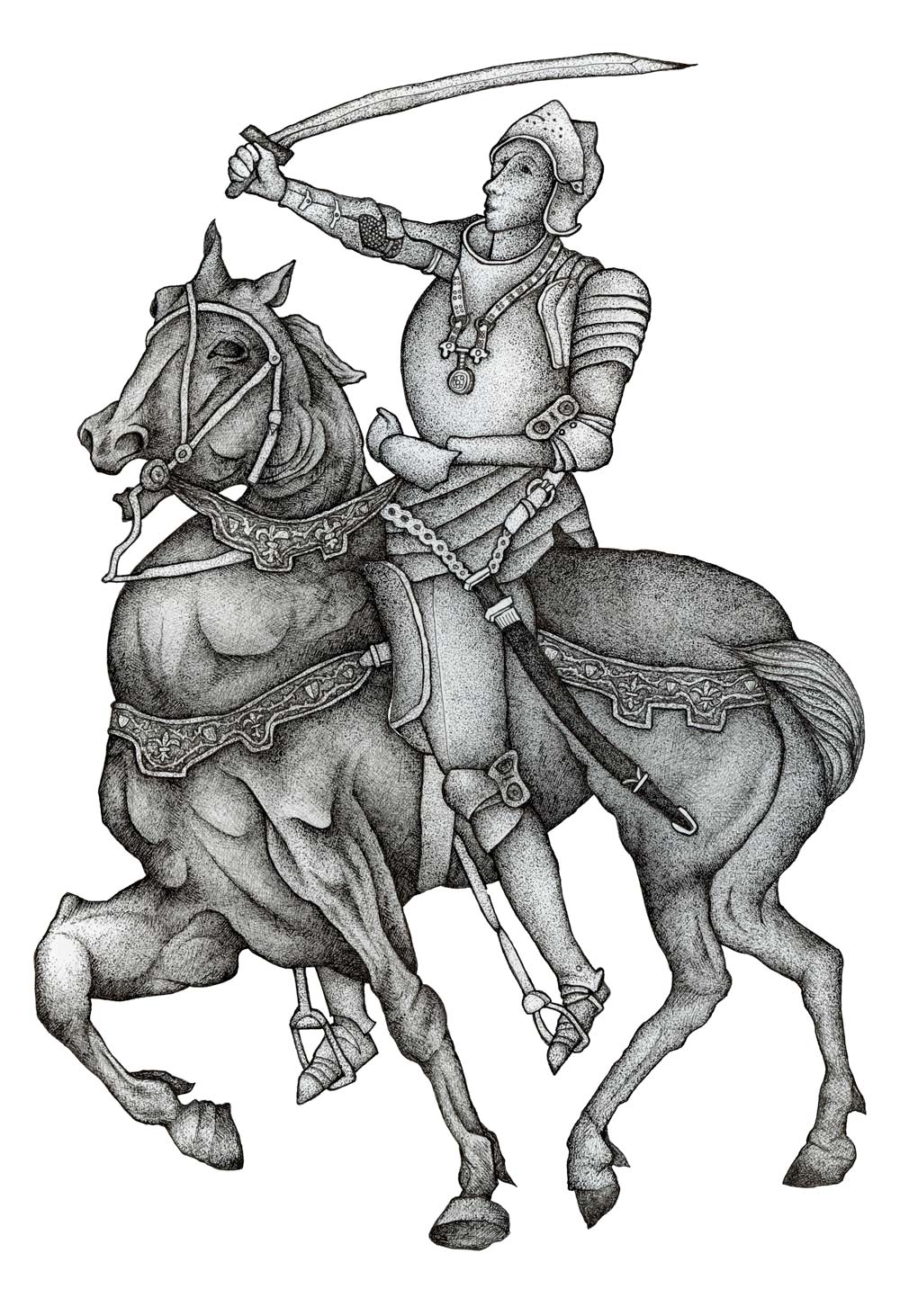 Black and white ink drawing of Jean d'Arc