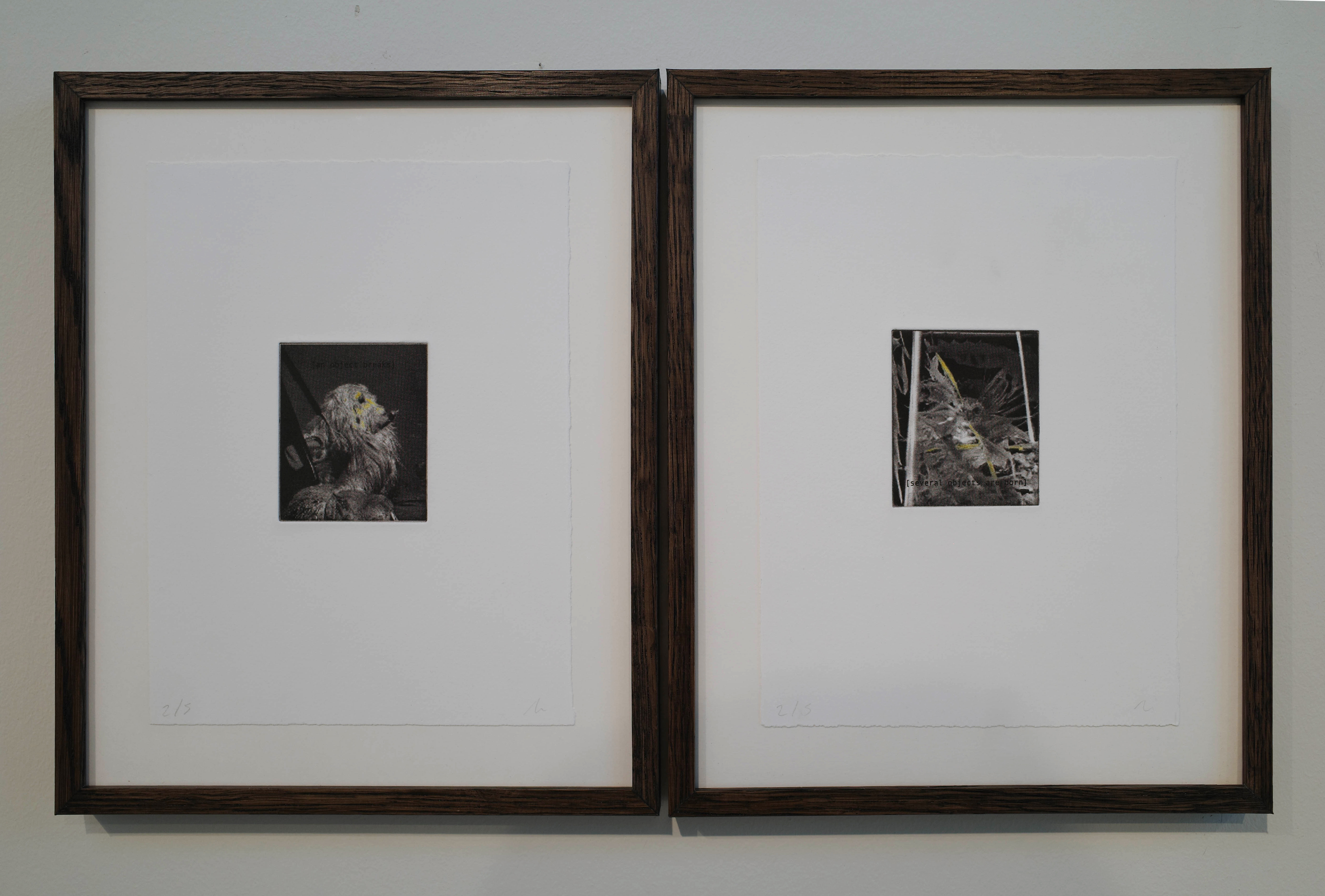 Detail of 'untitled (an object breaks)' + 'untitled (several objects are born)', etching on cotton paper — 19x25cm each, framed in darkened oak.