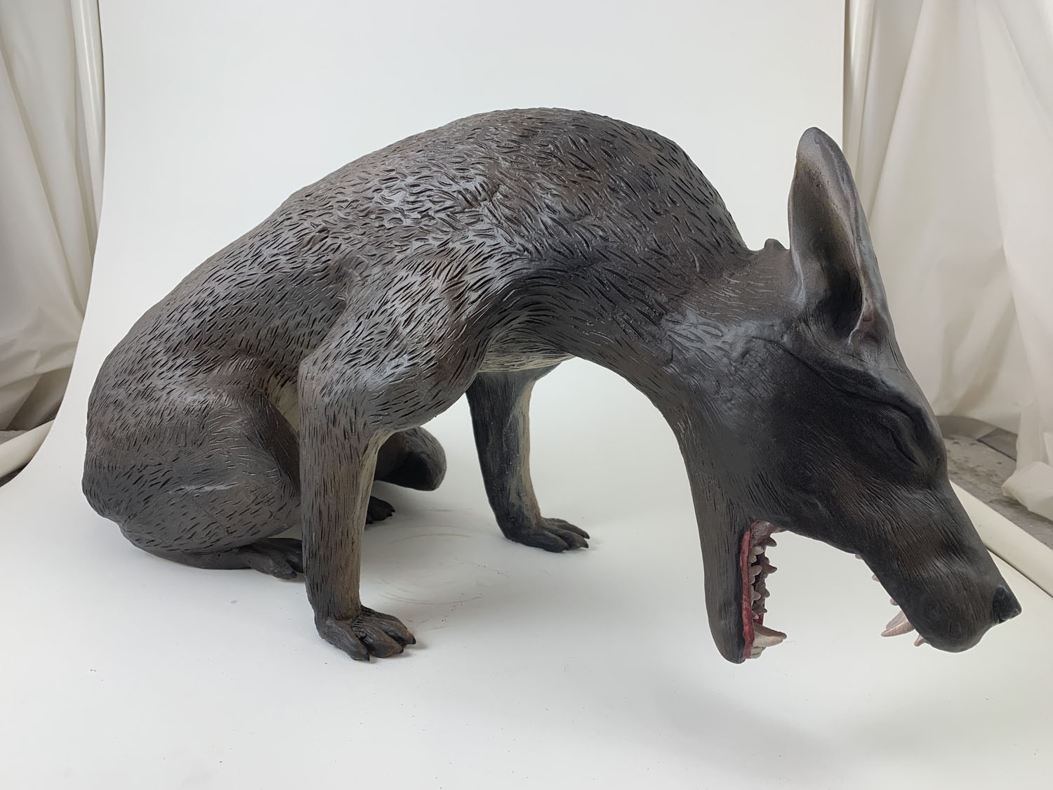 Coastal Fox2022, White Earthenware, Construction Adhesive, Milliput, Acrylic Paint, 33” x 10” x 12.5”