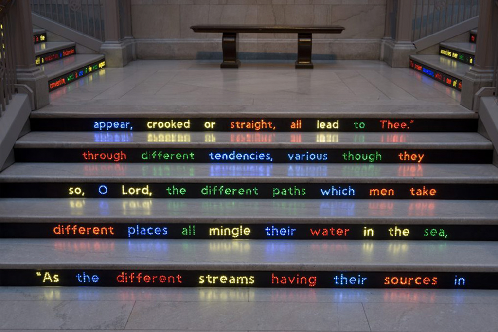 Public Notice on display on stairs in LED letters