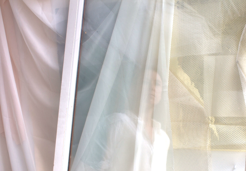 Still life with drapery (detail), 2017, 66 x 127 in, Found fabric, found objects, canvas, plastic drop cloth, vellum, and plexi glass