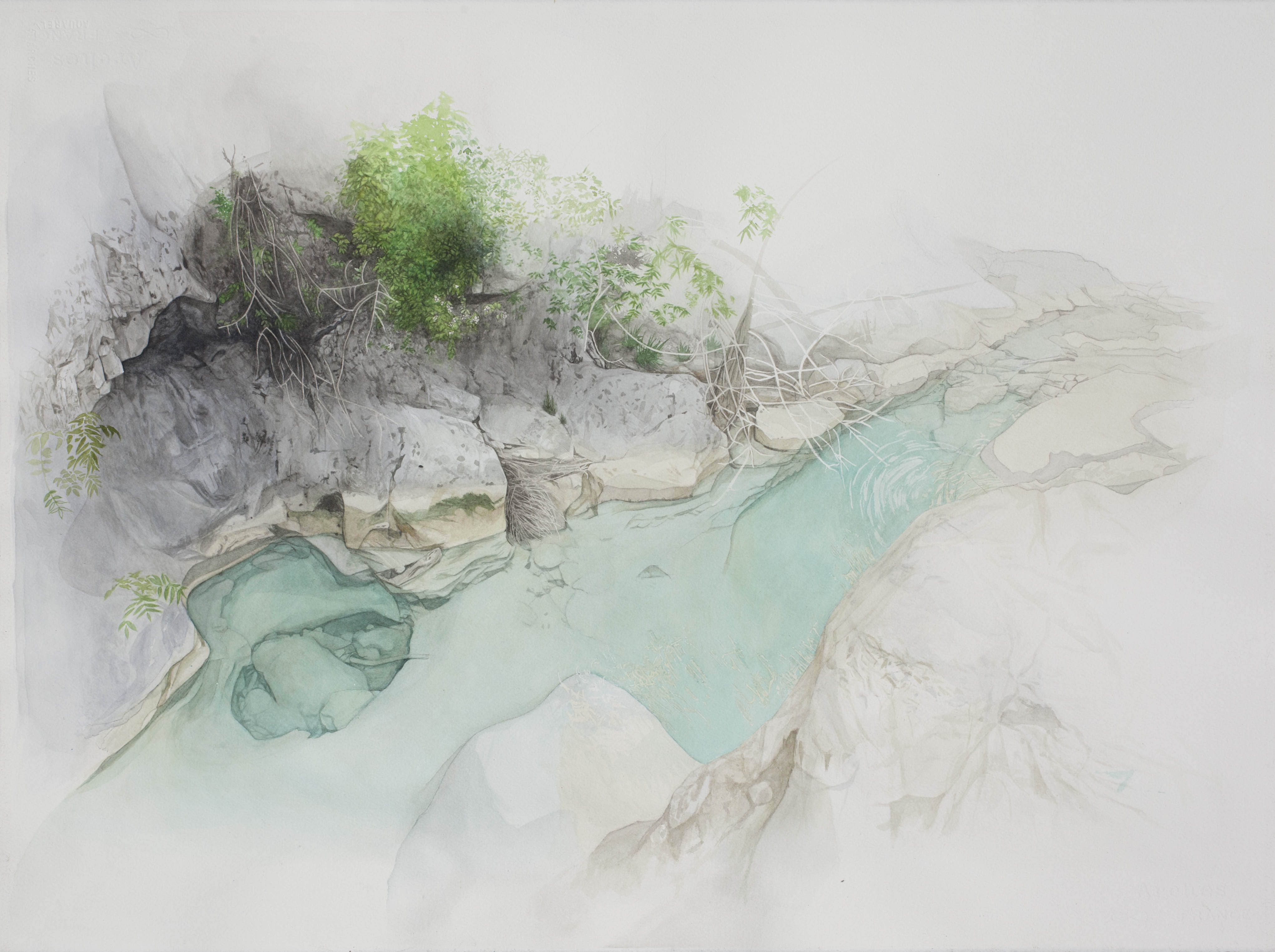 Vasque dans les Concluses (graphite et aquarelle sur papier, 56,5x76cm, printemps 2024)