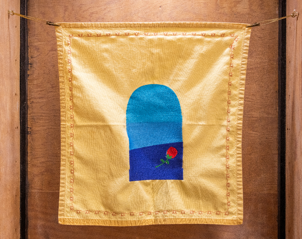 Azikiwe Mohammed, Waiting For An Alternate Passage #2, 2021, Embroidered dinner napkin 17x 15 ½ inches. Image courtesy the artist.