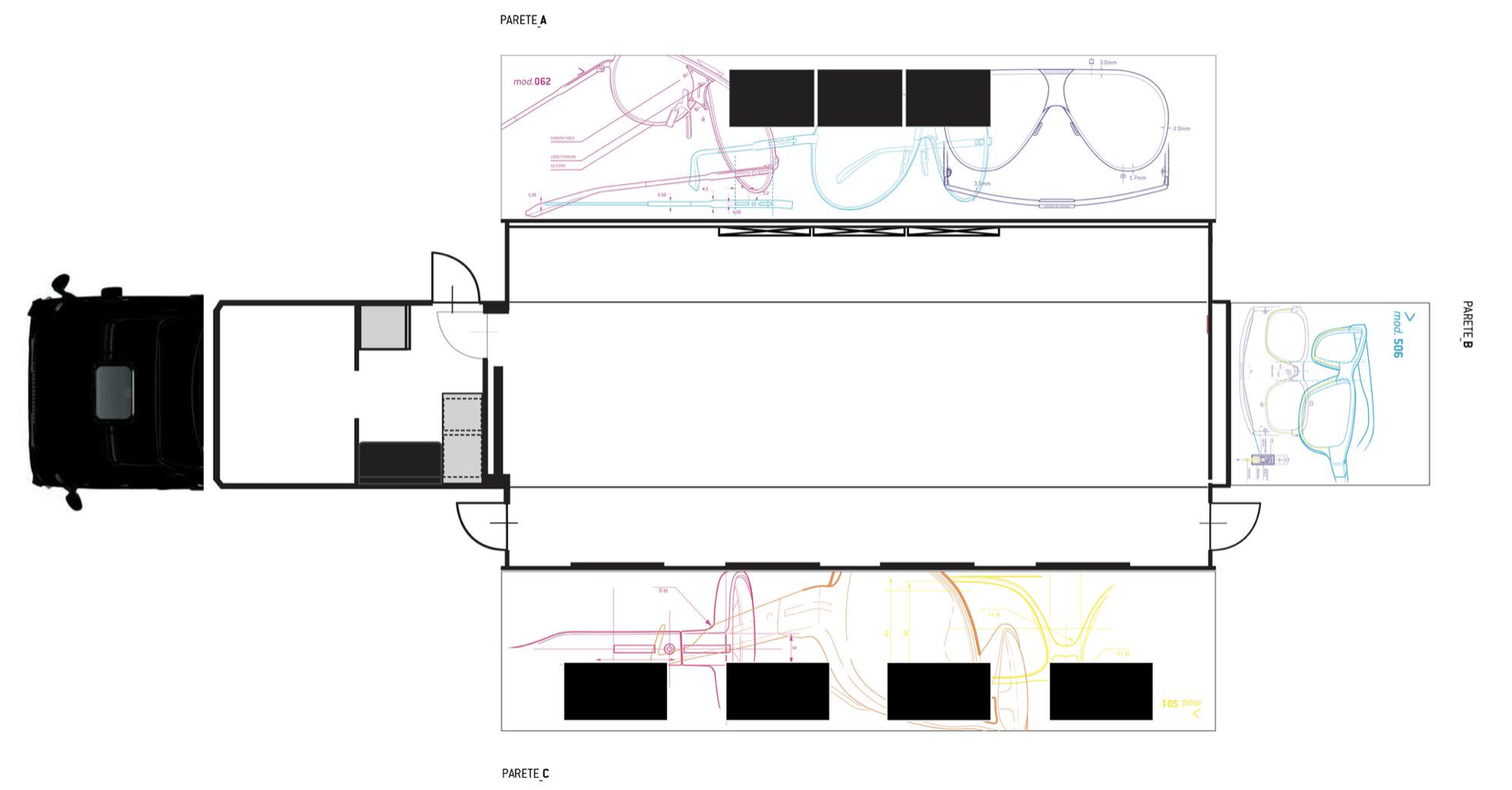 Italia Independent MIDO fair truck. Graphic artworks. Project designed and developed with Change design