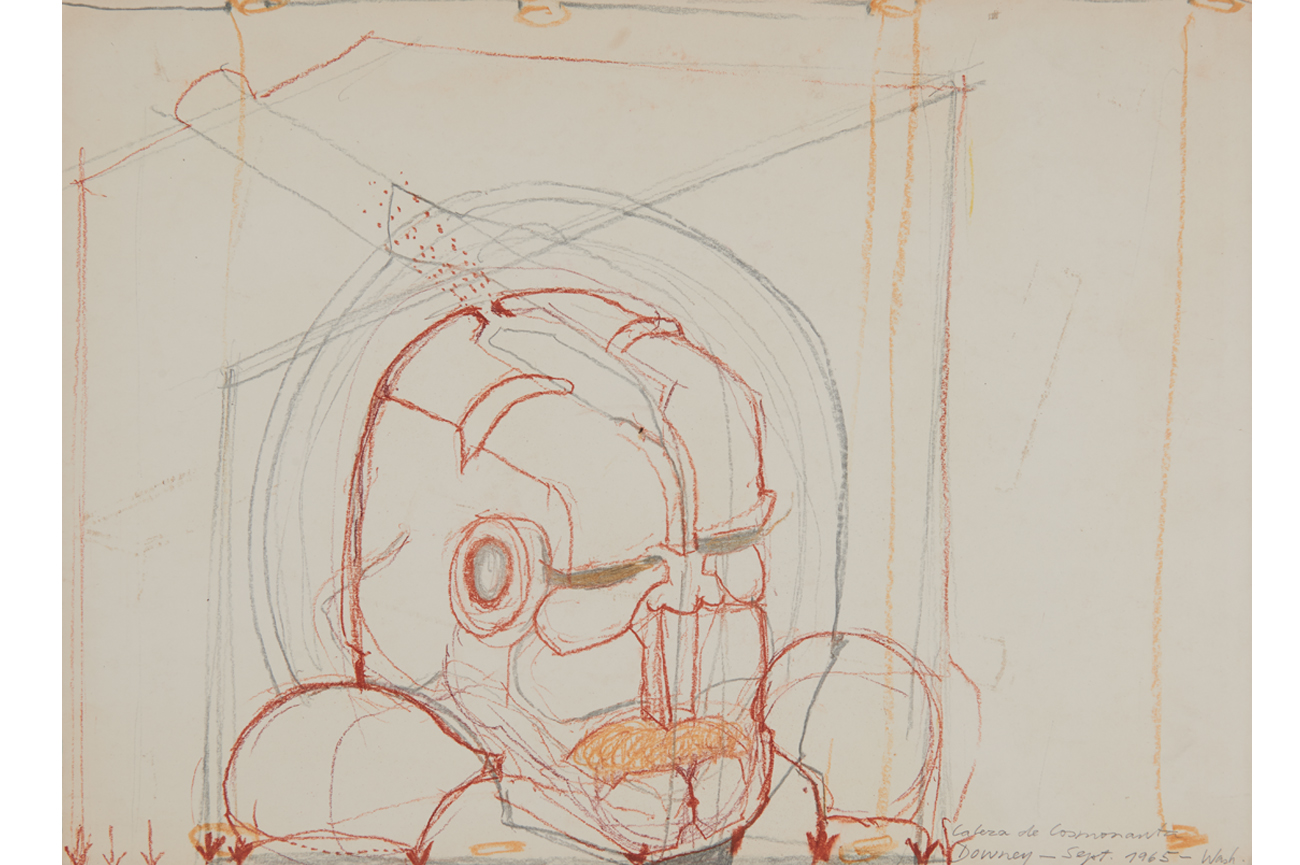 Juan DowneyCabeza de cosmonauta, 1965 (Septiembre)Sanguina y lápices de colores sobre tablero Bainbridge35.6 x 48.3 cm
