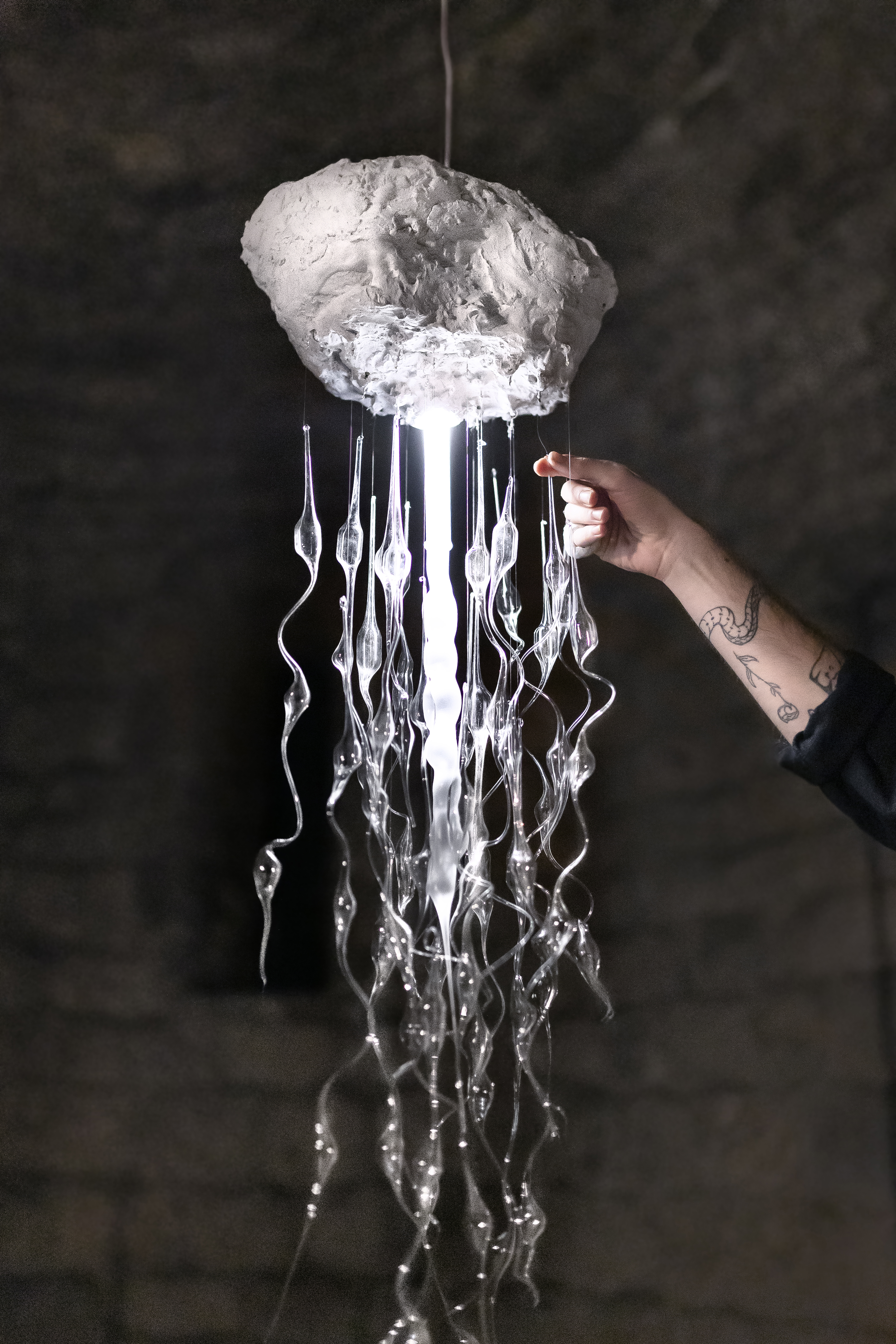 Chandelier made with blown glass exhibited at Capella de Sant Nicolau, Girona. Pelagia Noctiluca from Plaja Studio