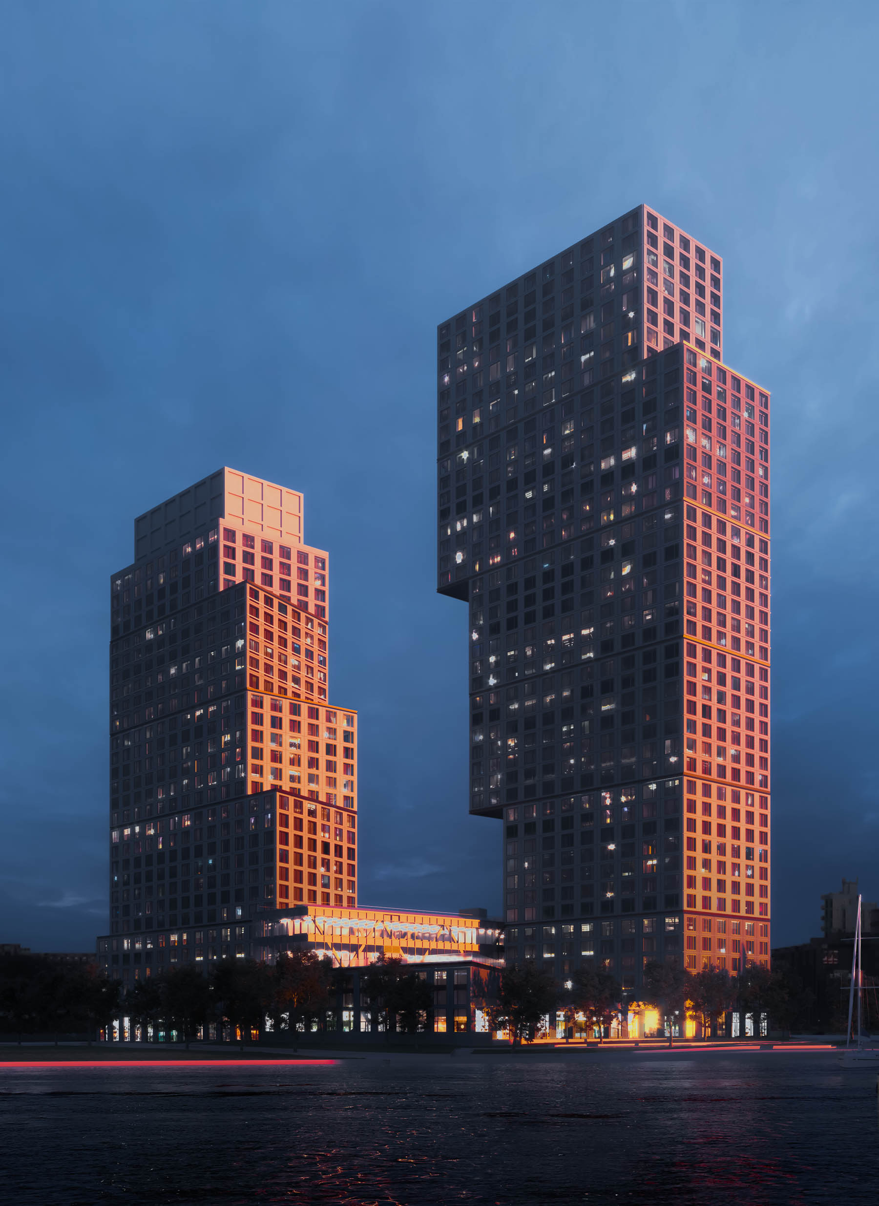 Rendering of the Eagle + West Towers in Greenpoint Landing seen from the other side of the East River.