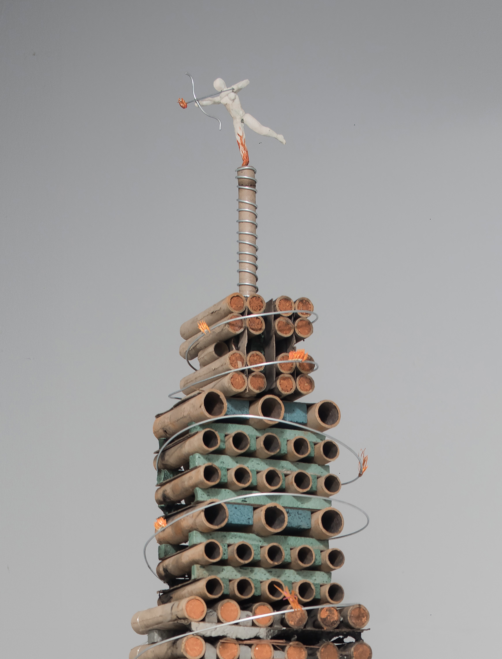 Fire Tower, 2023, Found firework refuse, charcoal, wire, wood, dried thistle, aquaresin (detail)