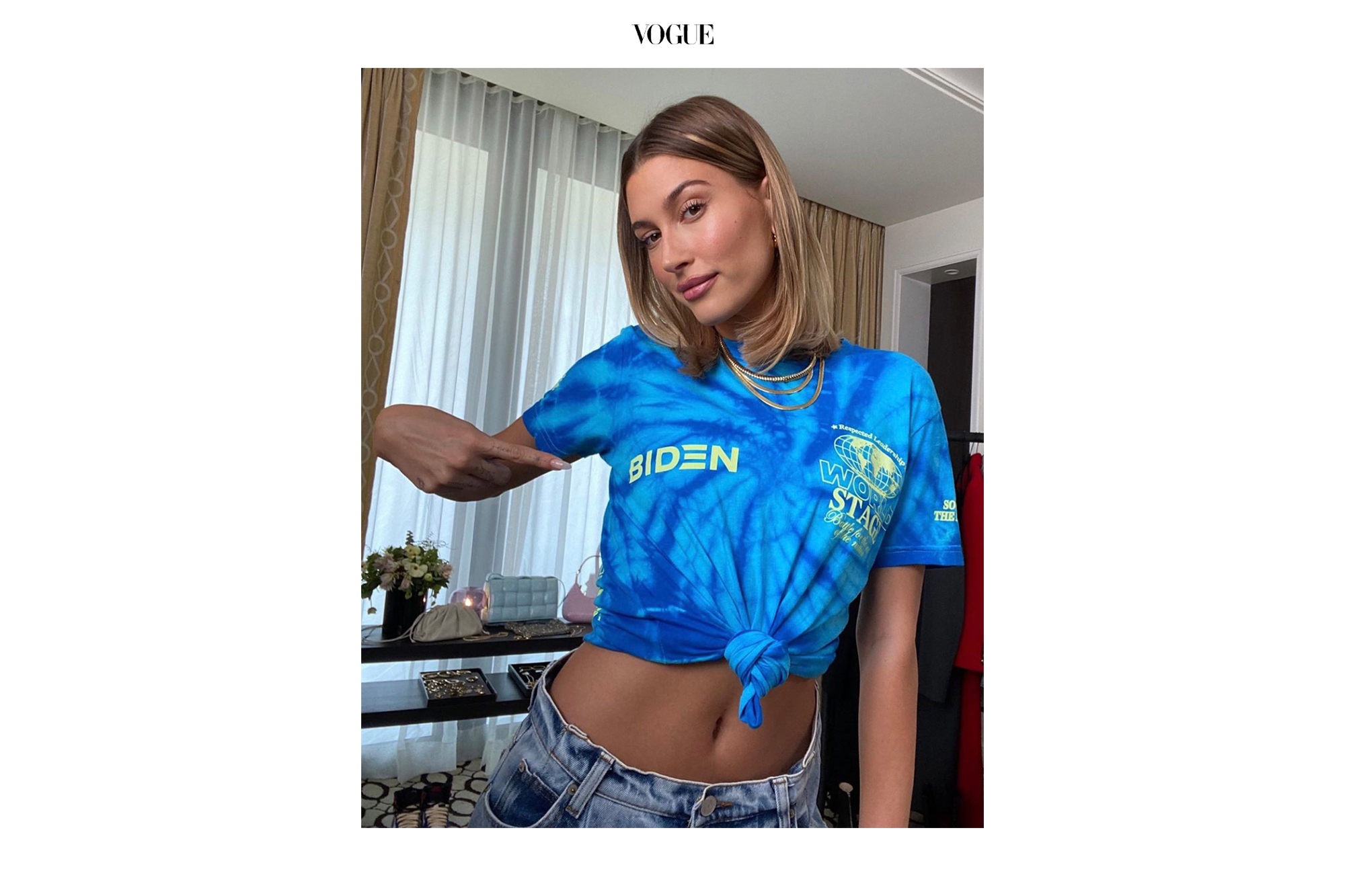 Official merch design for the 2020 presidential campaign of Joe Biden the 46th President of the United States. Joe Perez Studios - Creative Direction: Joe Perez, 2020 (Photo: Hailey Bieber in the World Stage T-shirt for Vogue Magazine)