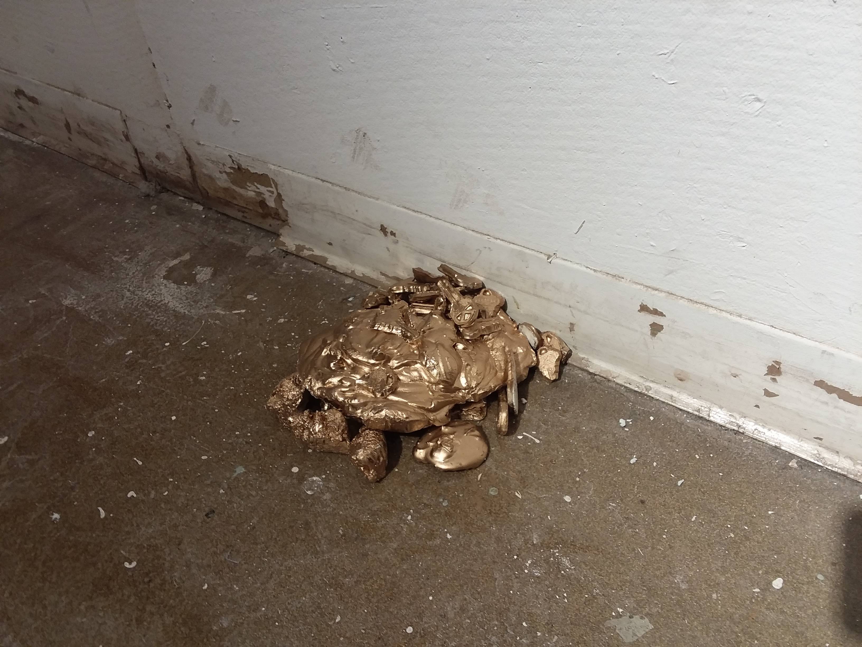 Keys, Mixed Media Sculpture, Gold Painted Plaster, Wood, Gold Wi