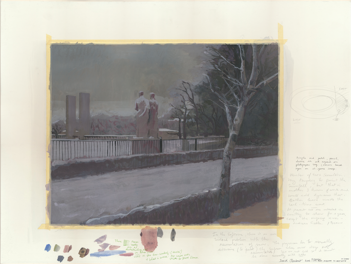 Olympia (Simulation of late april snow), 2016, collage, tape, washed ink, acrylic paint, felt pen, and pencil on card board, 60 x 80 cm