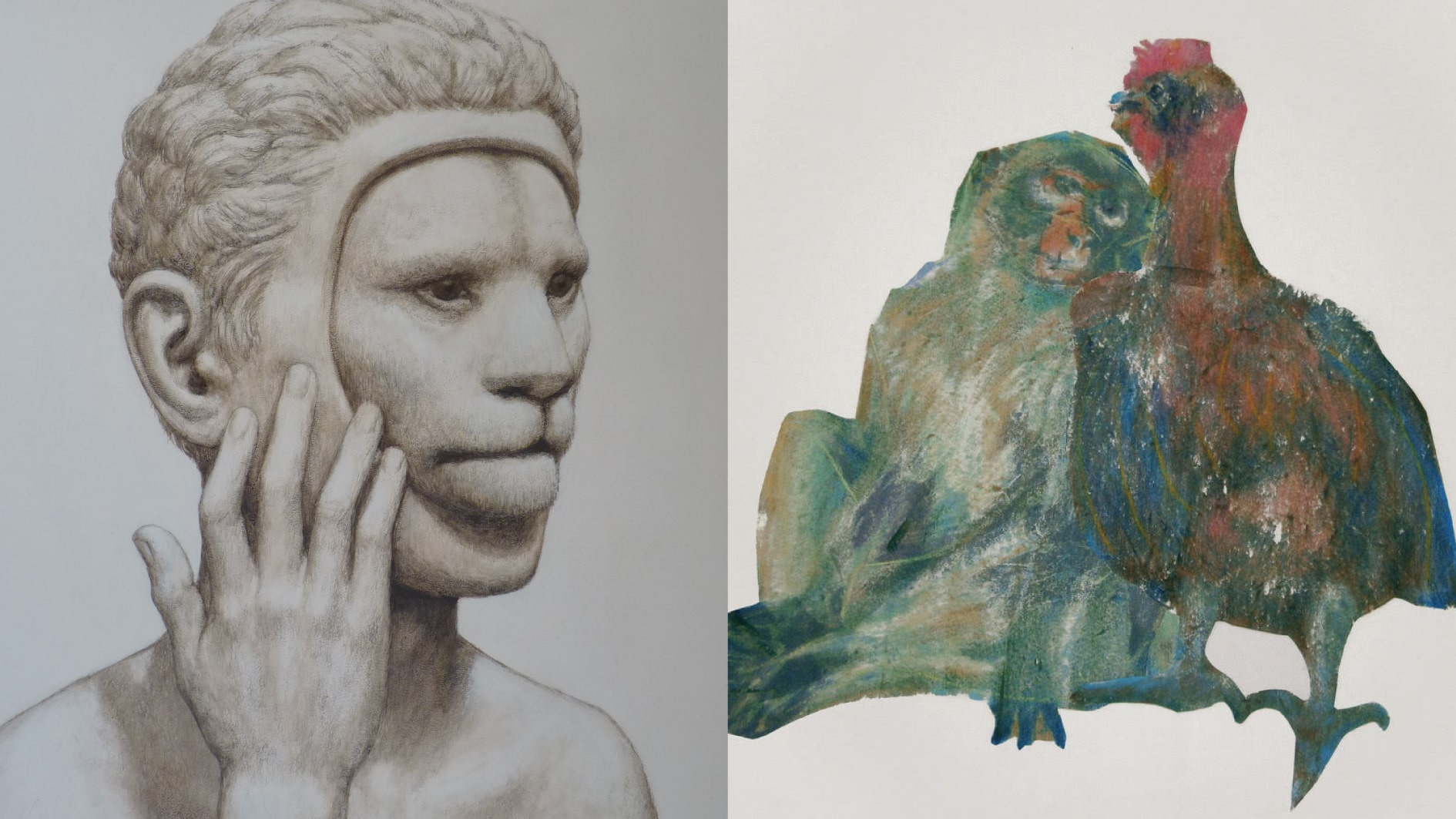 Gauche, Pierre Monestier, Le toucher, acrylique sur papier 65x50cm - Droite, Patrick Chambon, Lamour, technique mixte, collage sur papier Fabriano 50x70cm 2021