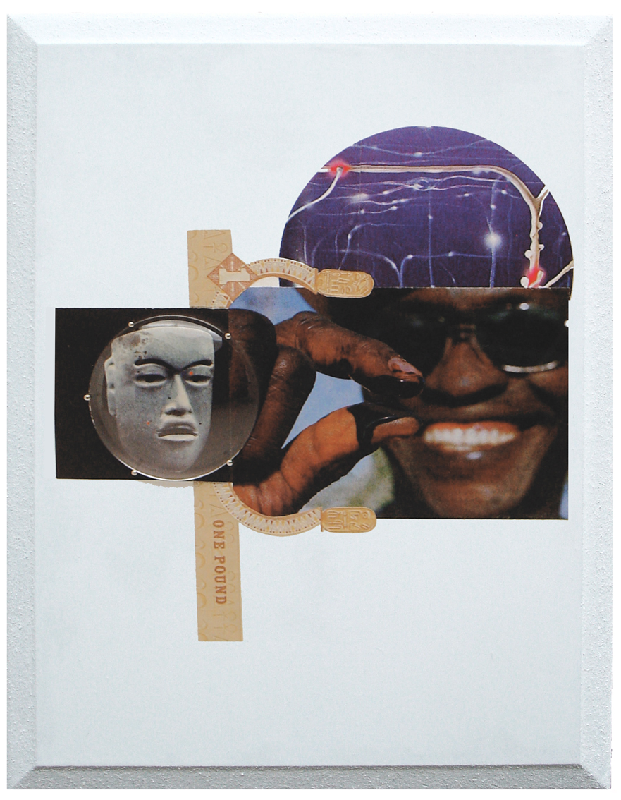 One Pound, 2010. 27 x 21 cm. Dans la série des petits collages avec 1 verre de lunette, 1 fragment de corps et 1 de monnaie.