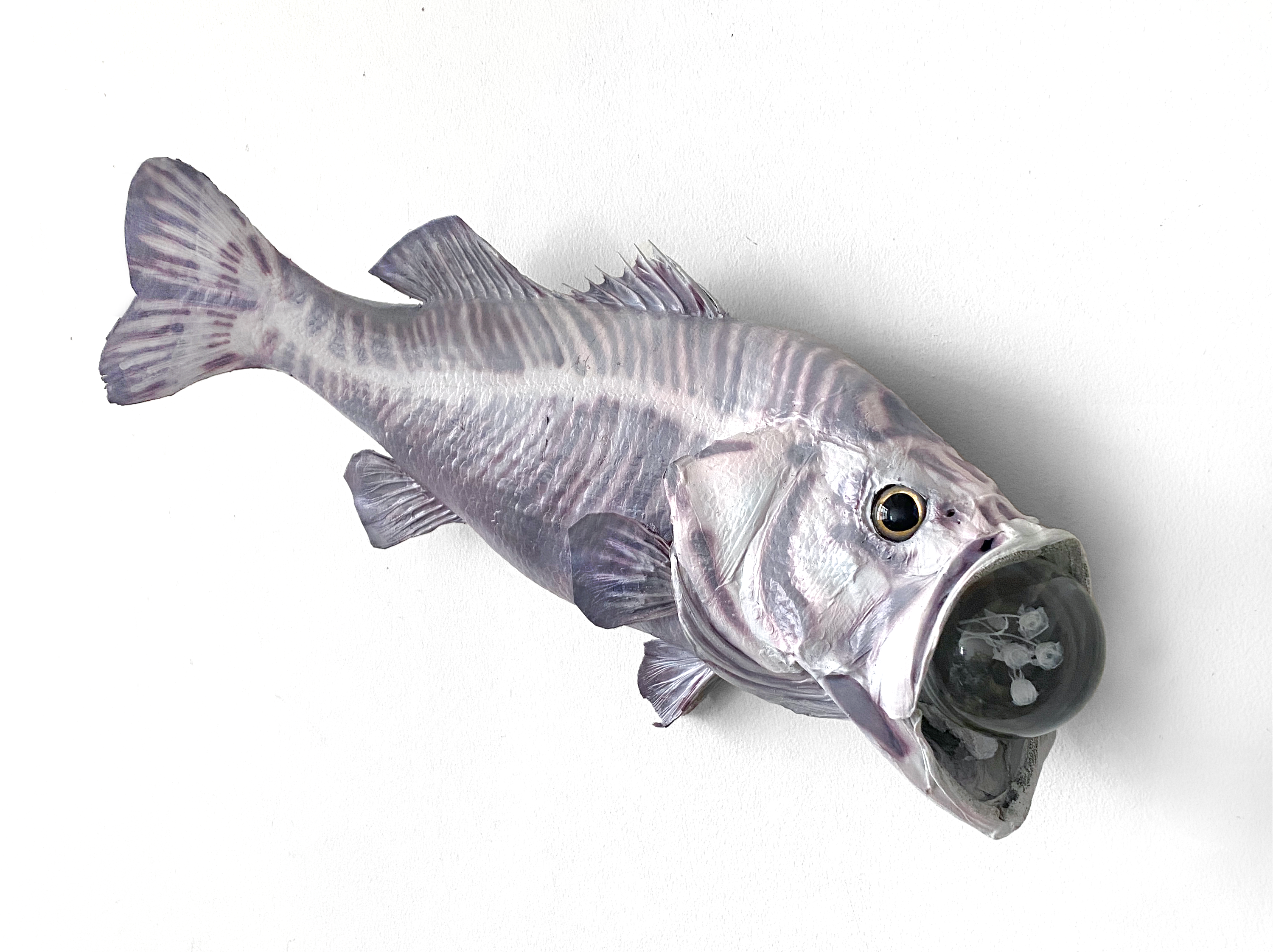 Victory Lap, crystal ball, acrylic, paper and Swarovski crystal on taxidermy large mouth bass, 2023