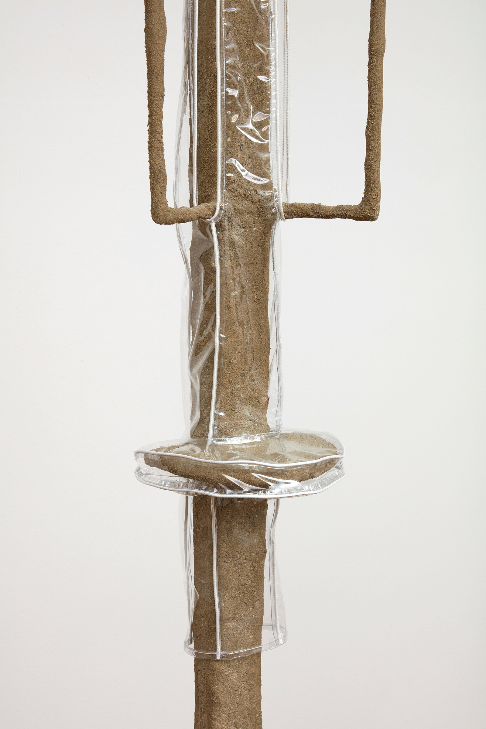 Untitled (little Shower), 2021, steel, sand, polymer, burlap, rock, vinyl, shower curtain hooks
