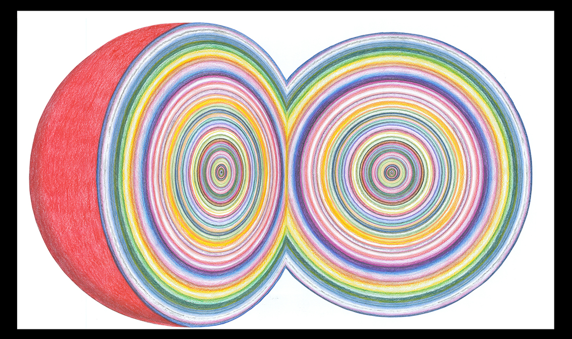 DESSIN DOUBLE CERCLES COLORÉS - 2022. 33 x 48 cm. Dessin aux crayons de couleur et compas, aquarelle sur papier 200gr