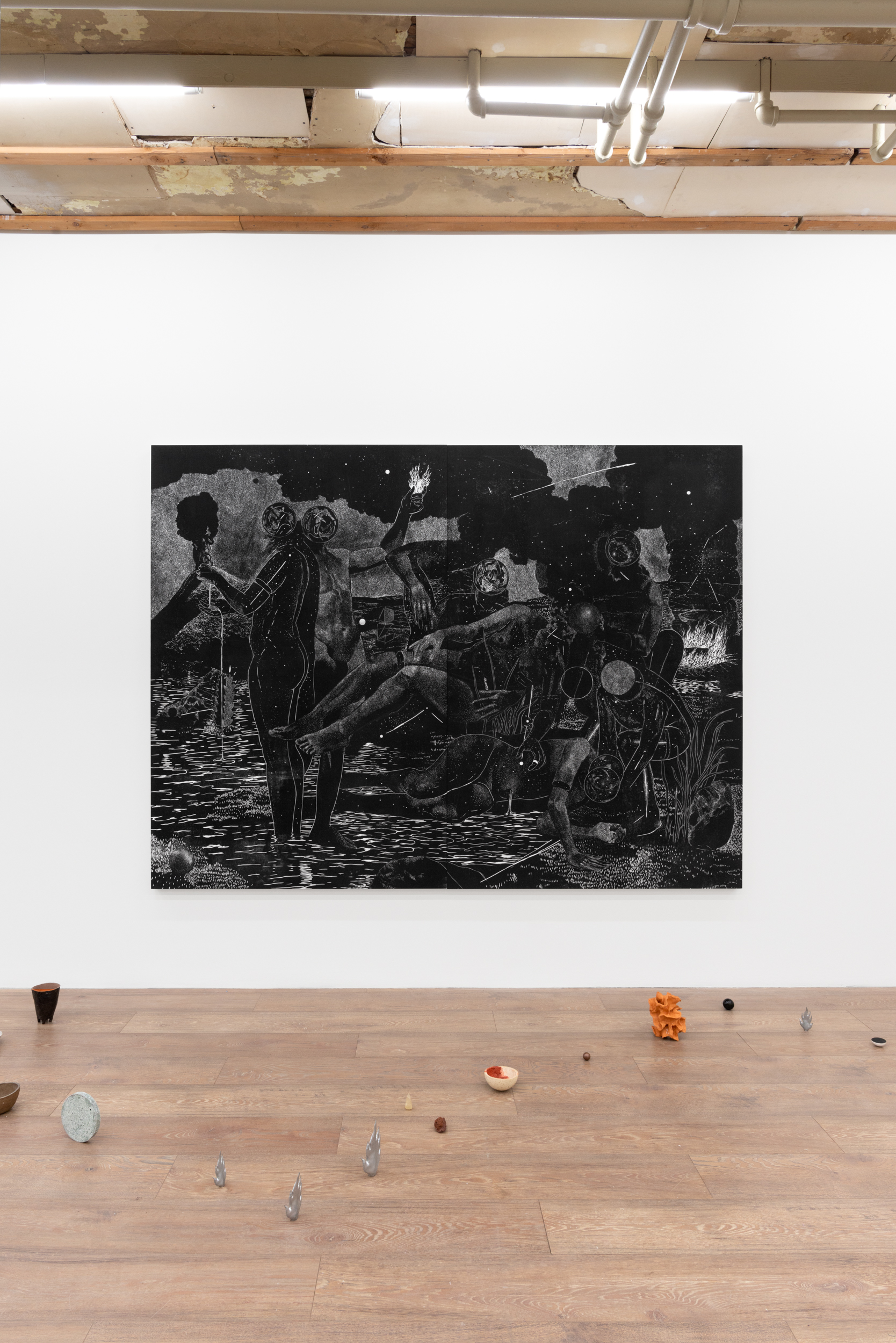 Sergio Suárez, To shelter what is precious, to yield what is valuable, and to dispose of what is harmful (state edition), 2024, 72” x 96” x 2” (composed of 2 panels). Woodcut on muslin over panel.