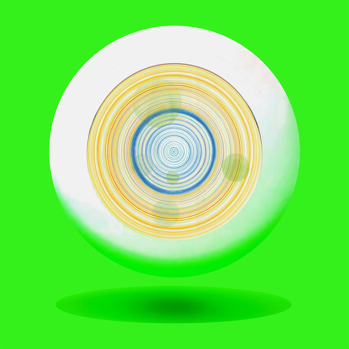 GRAND DESSIN CERCLES COLORÉS et DIGITAL ŒIL OBLO IRISÉ – 2024. 100 x 100 cm. Collage technique mixte entre dessin crayons de couleur au compas et dessin digital. Différentes possibilités de couleur et taille