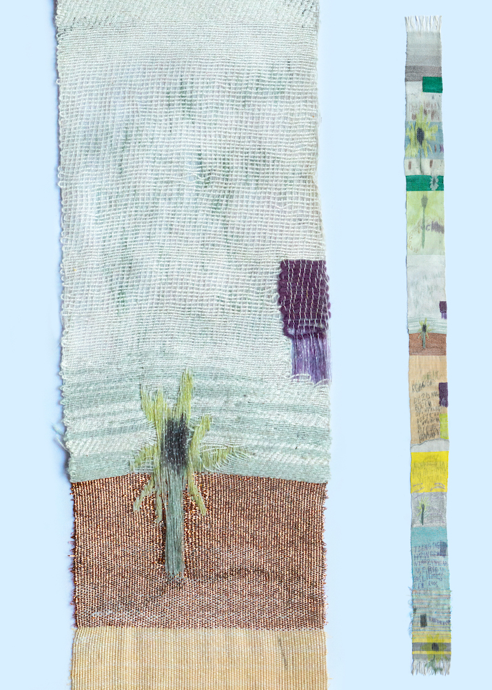 Detail. Handwoven fabric of polyester, lurex, cotton, wool, and nylon. Warp printed with sublimation inks.