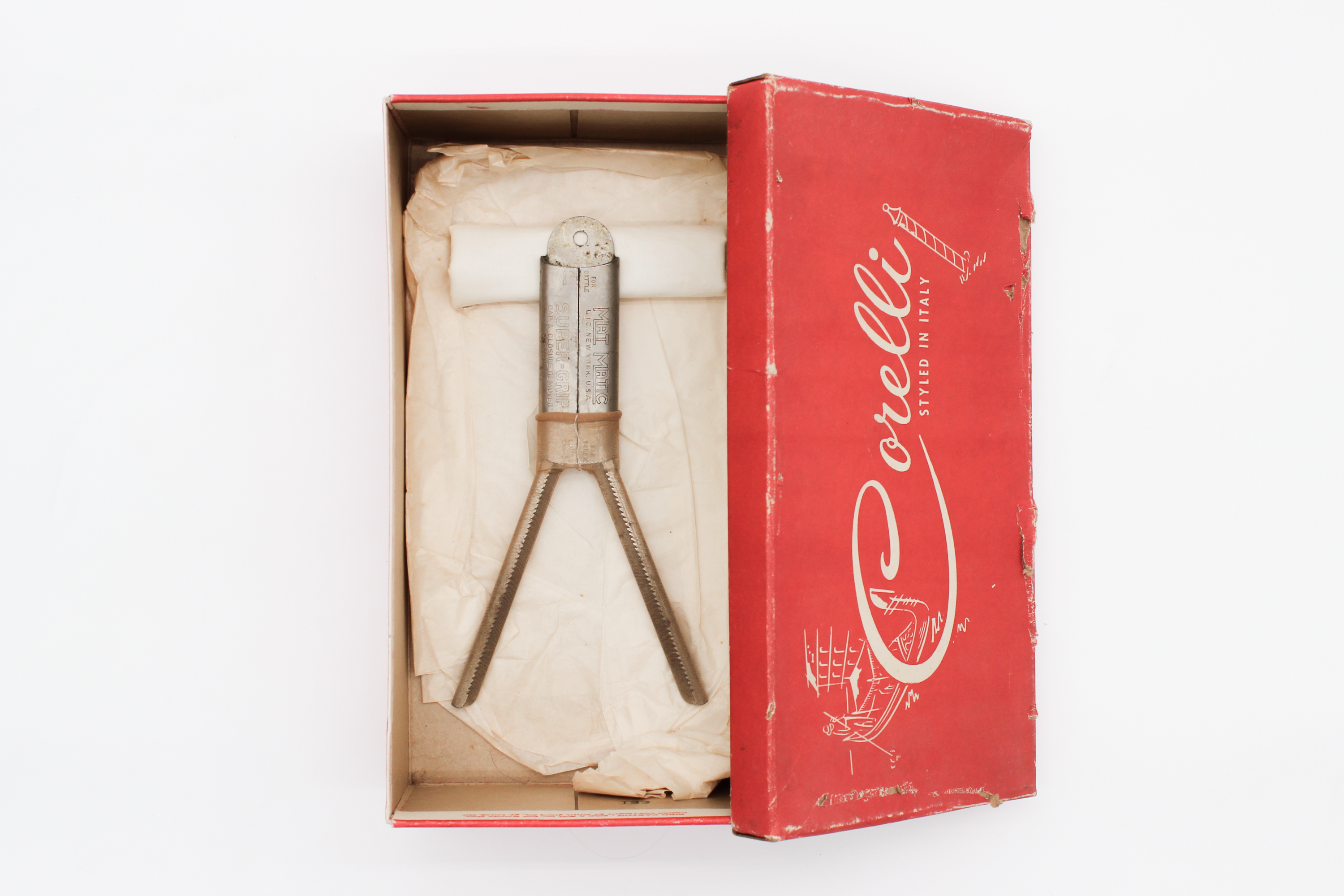 Sleepy Diana, 2024, Bottle cap remover, linen, stockings, thread, shoebox