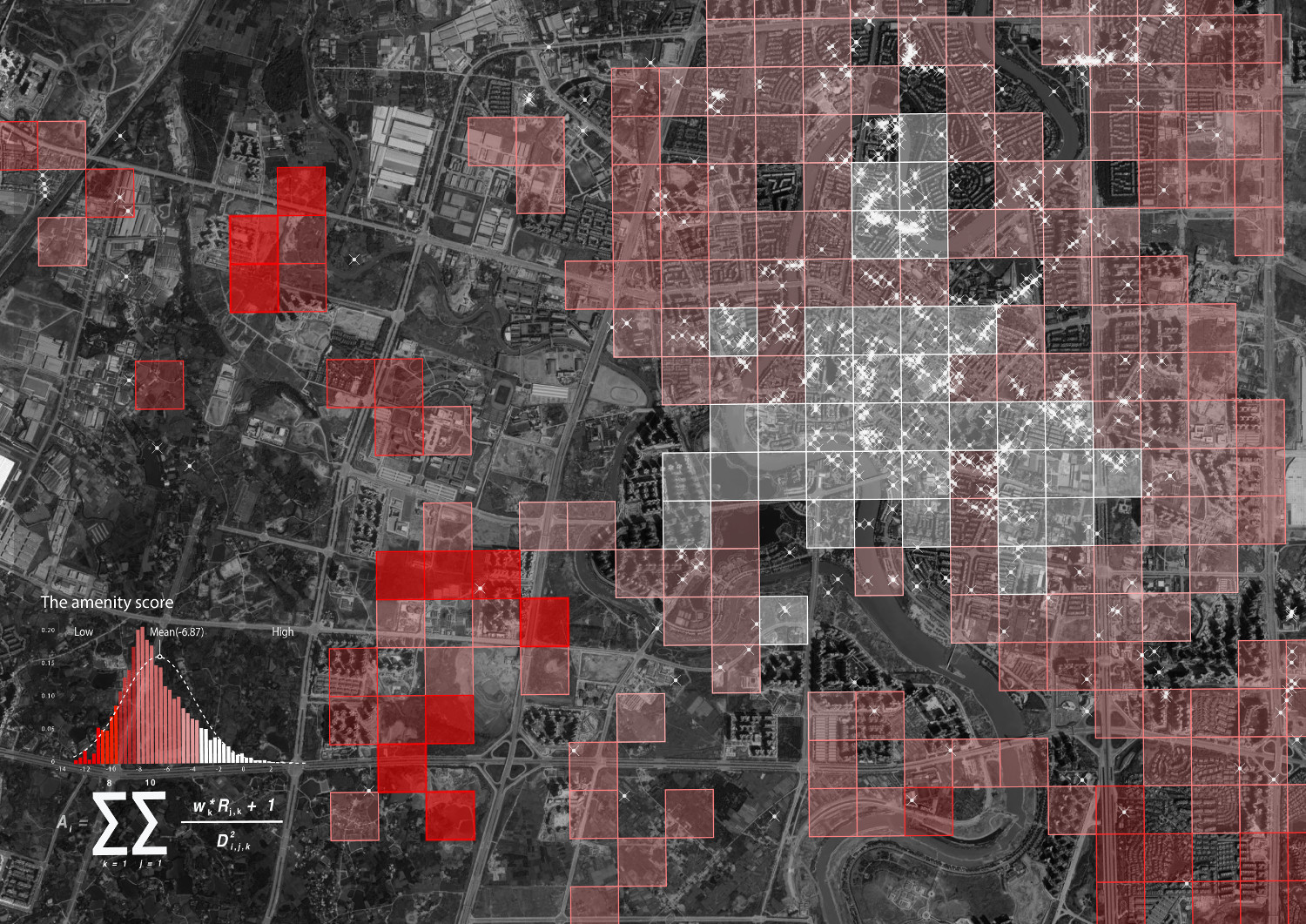 The bright red cells on the map mark Ghost Cities. Cell gradients from red to white show high (white) and low (white) amenities scores. Add the actual location of grocery stores, malls, schools and restaurants to the map by clicking on the labels on the radial graph on the right. View images of street life from the Baidu street view images.