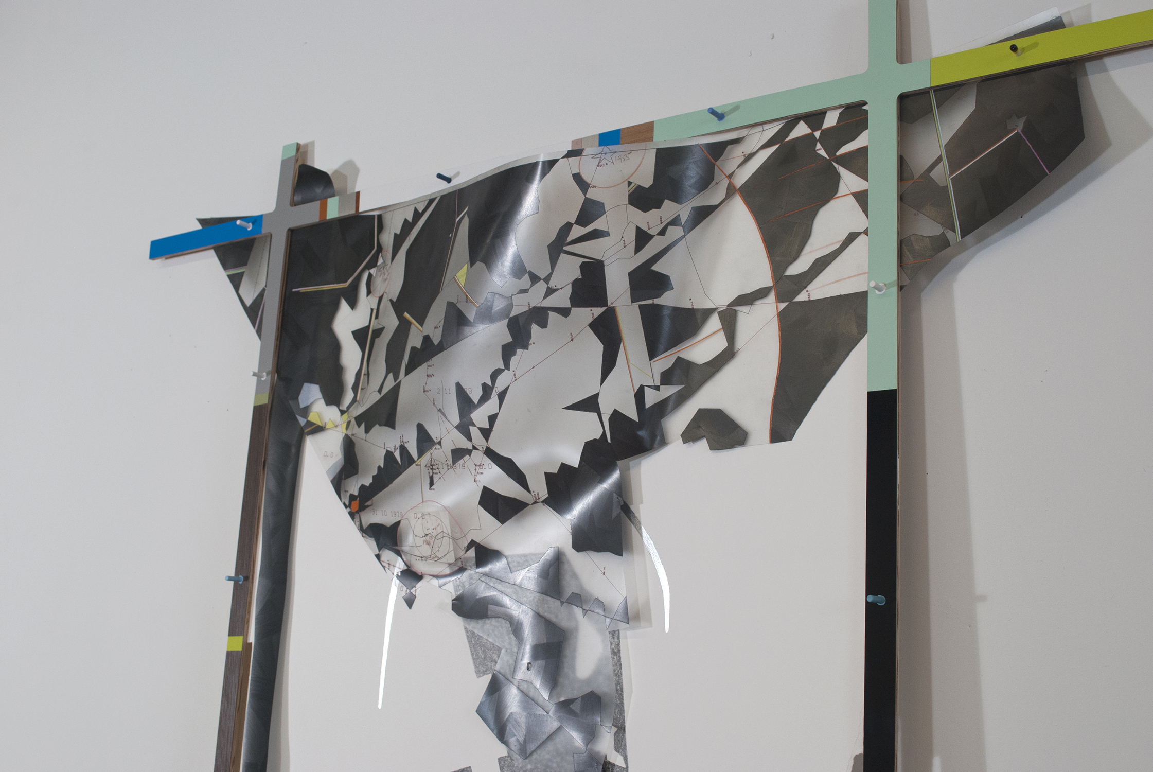 nicene  Graphite, ink, colored pencil, copper and aluminum leaf on paper and mylar. Copper leaf on drywall. Formica, wood, thread.  2012 - 83 x 42 x 49