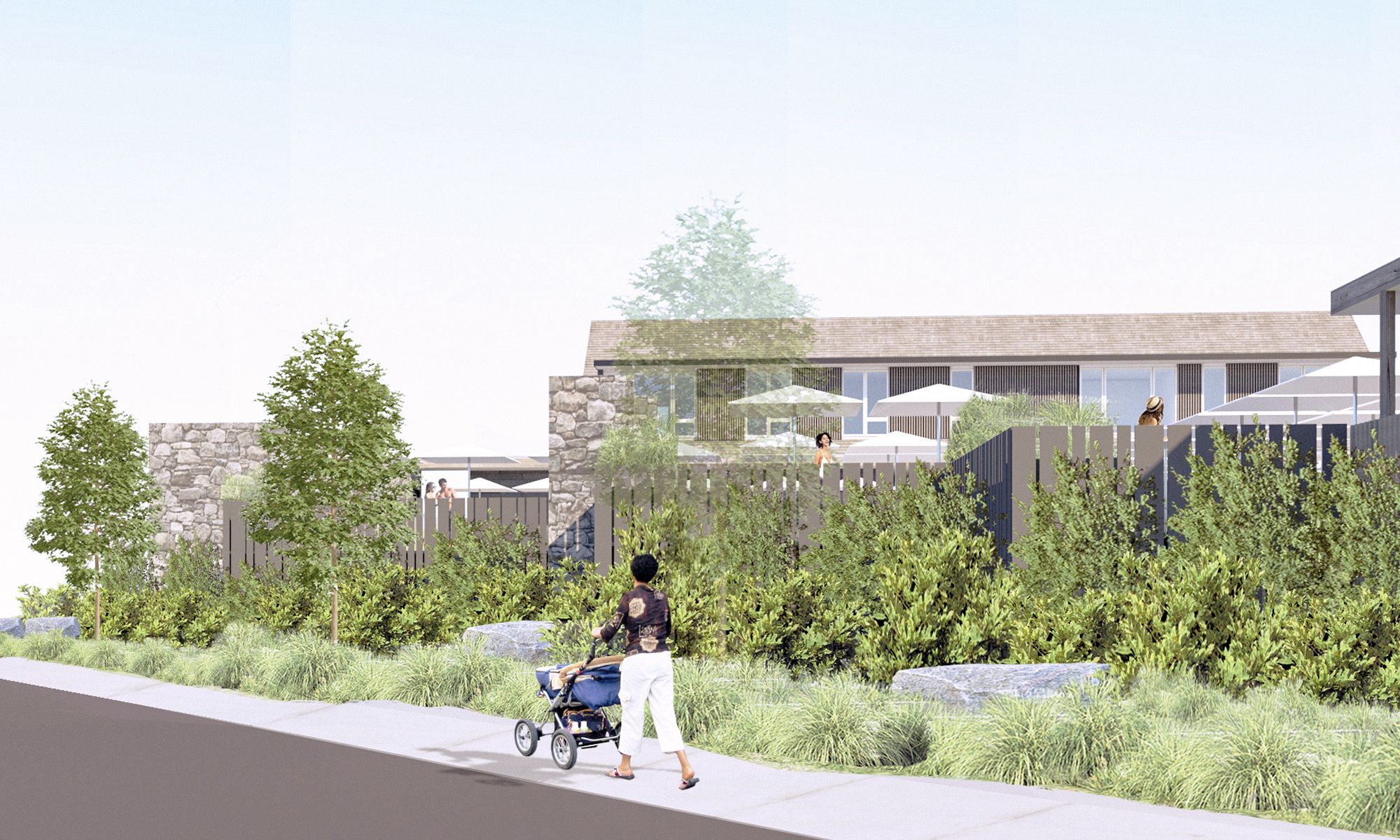 Architectural rendering showing the Harbour Cove complex from the Bay Avenue sidewalk, featuring a prominent natural stone wall and a wood fence providing privacy to the elevated pool club behind the landscaping.