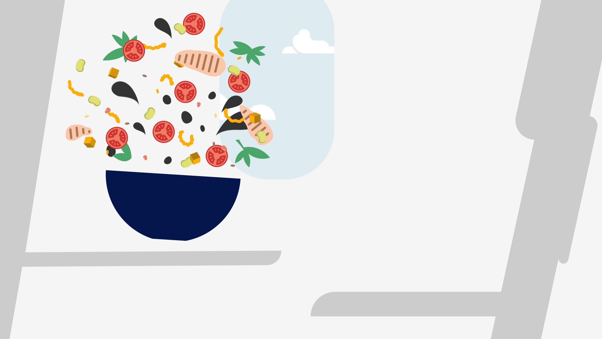 Illustration of the 'Crunchy Chicken Bowl' with ingredients bouncing out in an onboard setting