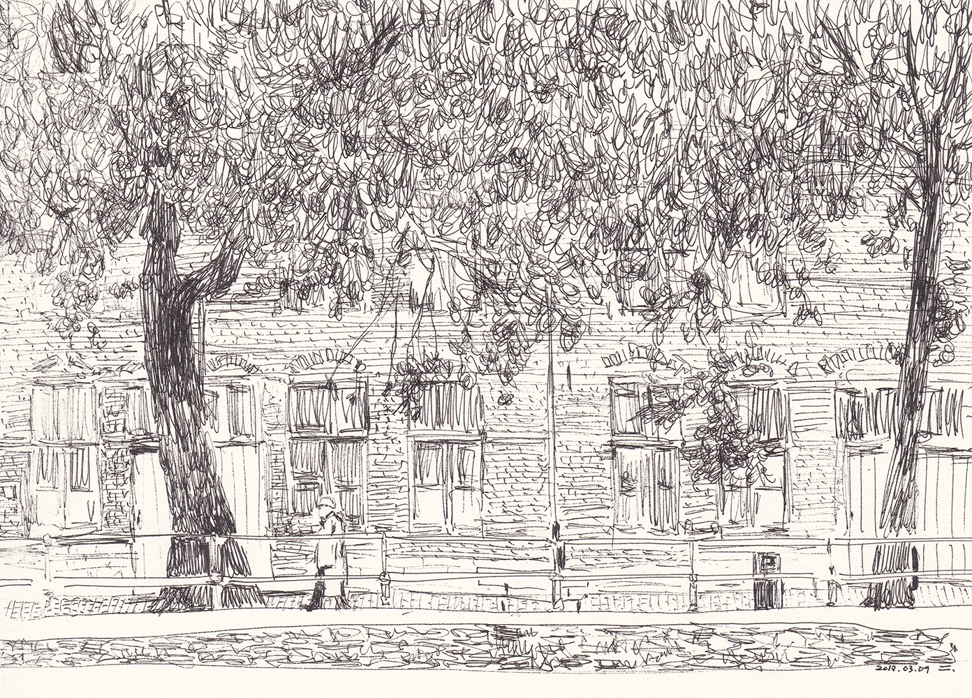 Walking through the river, 2017, pen on paper, 14.8*21(cm)