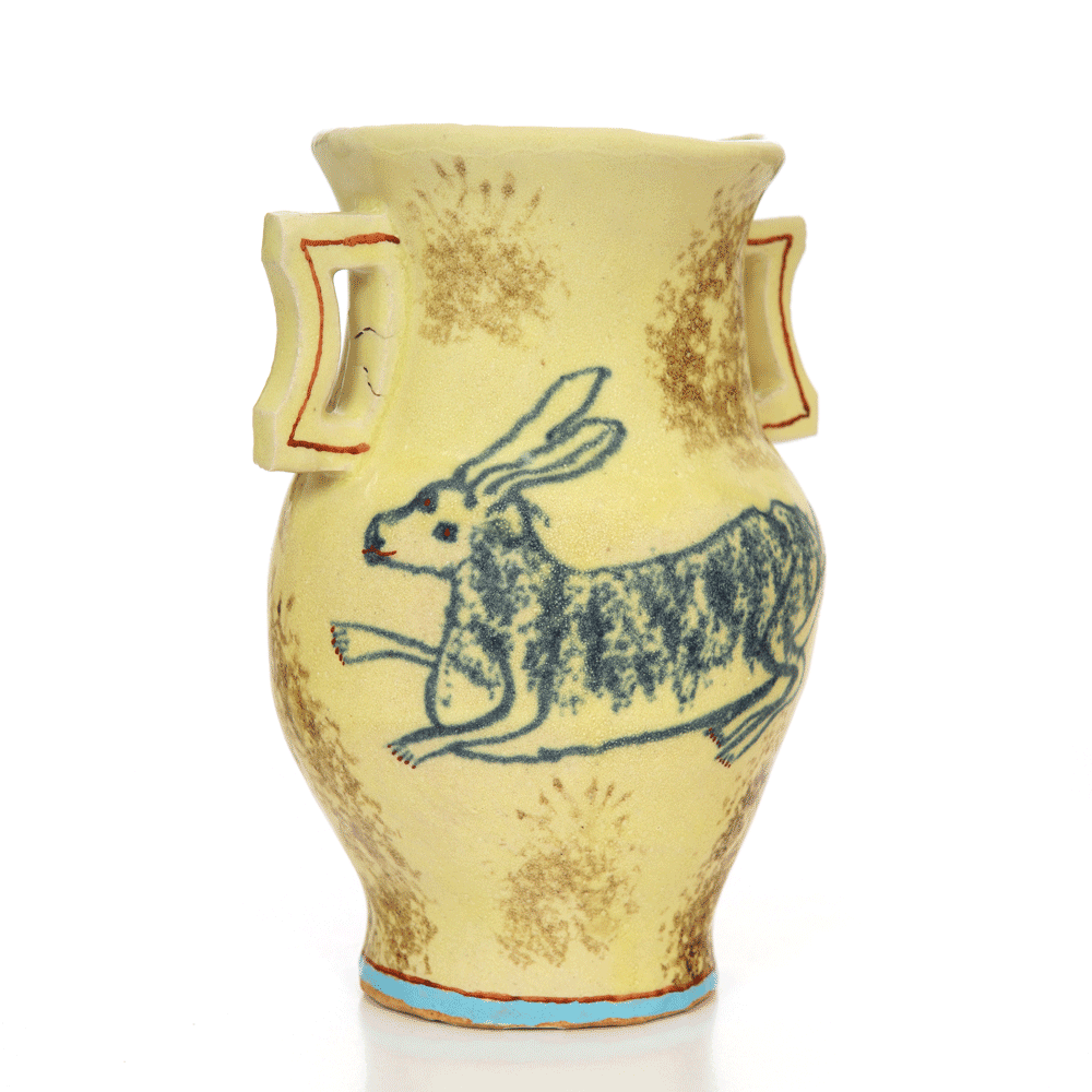 HN1266 Wise old hare on a yellow vase, 22.12.16Glazed ceramic stoneware20 x 12cm 