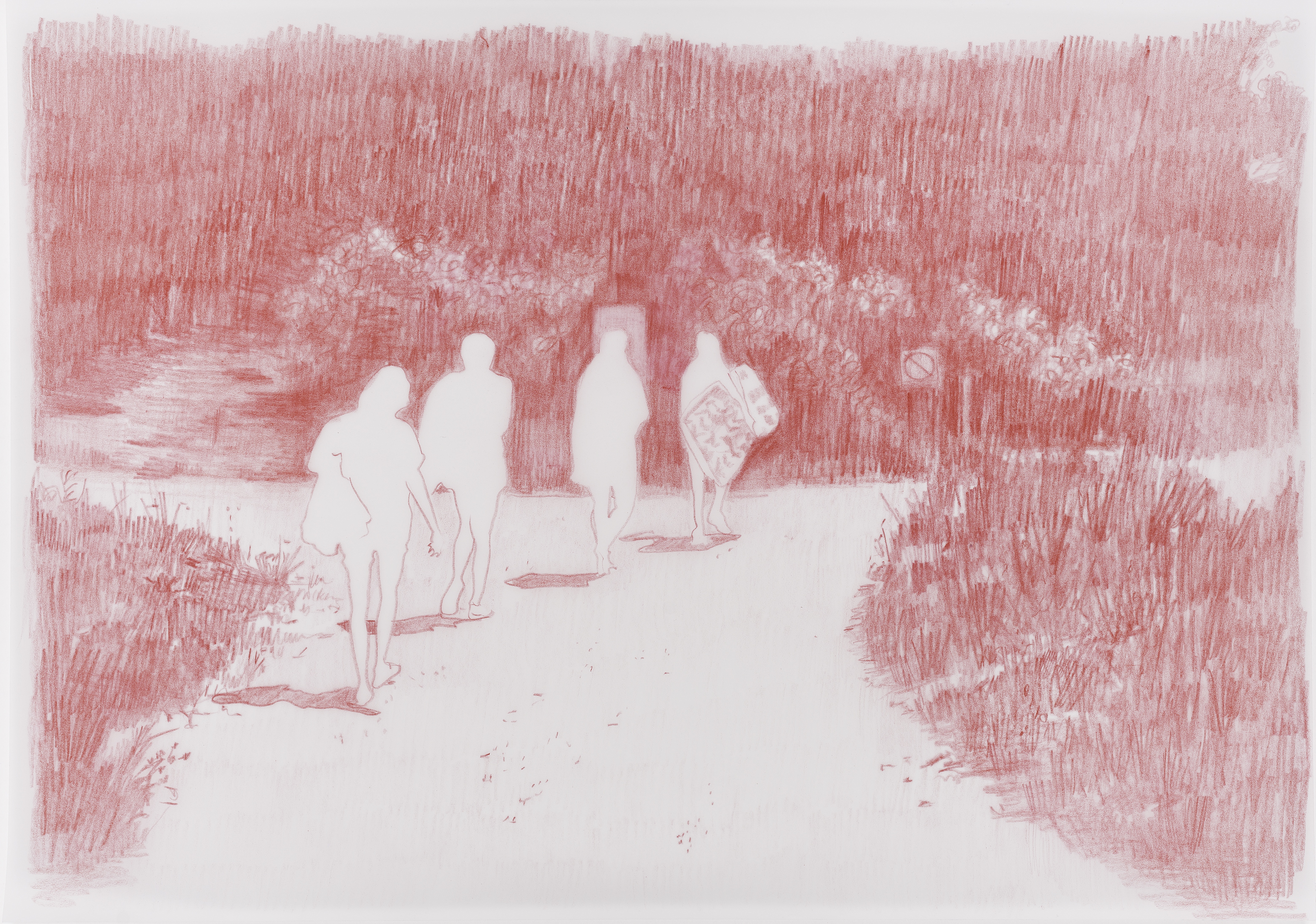 Figures on a Path with Lilo, 2020. Crayon on tracing paper, 29.7 x 42cm