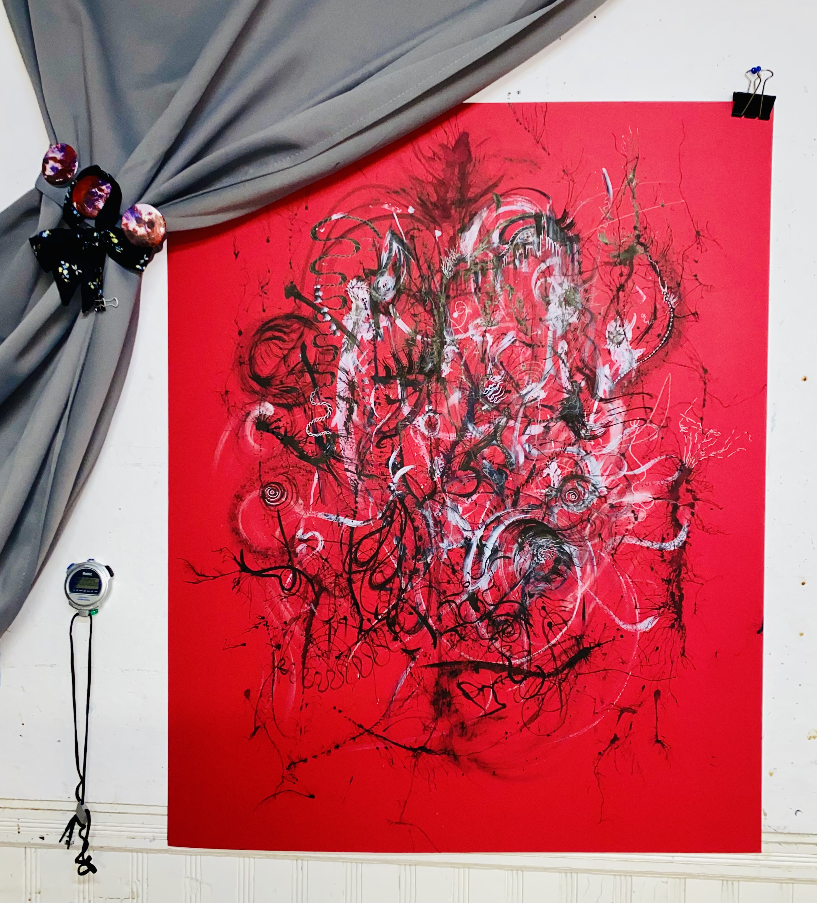 Fallout 22, 2022 Mixed media installation, collectibles, video projection and ink on mat board