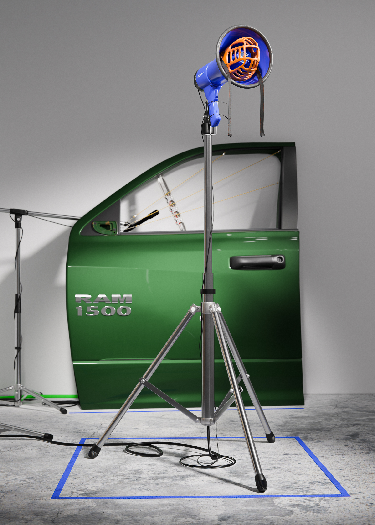 Zero sum just remainder, 2022, megaphone, muzzle, truck door, electric fence wire, solenoid servo motors, plectrums, hardware, guitar amplifier, cabinet, arduino controllers, zip ties, mics, mic stands, cables, tape, dimensions variable