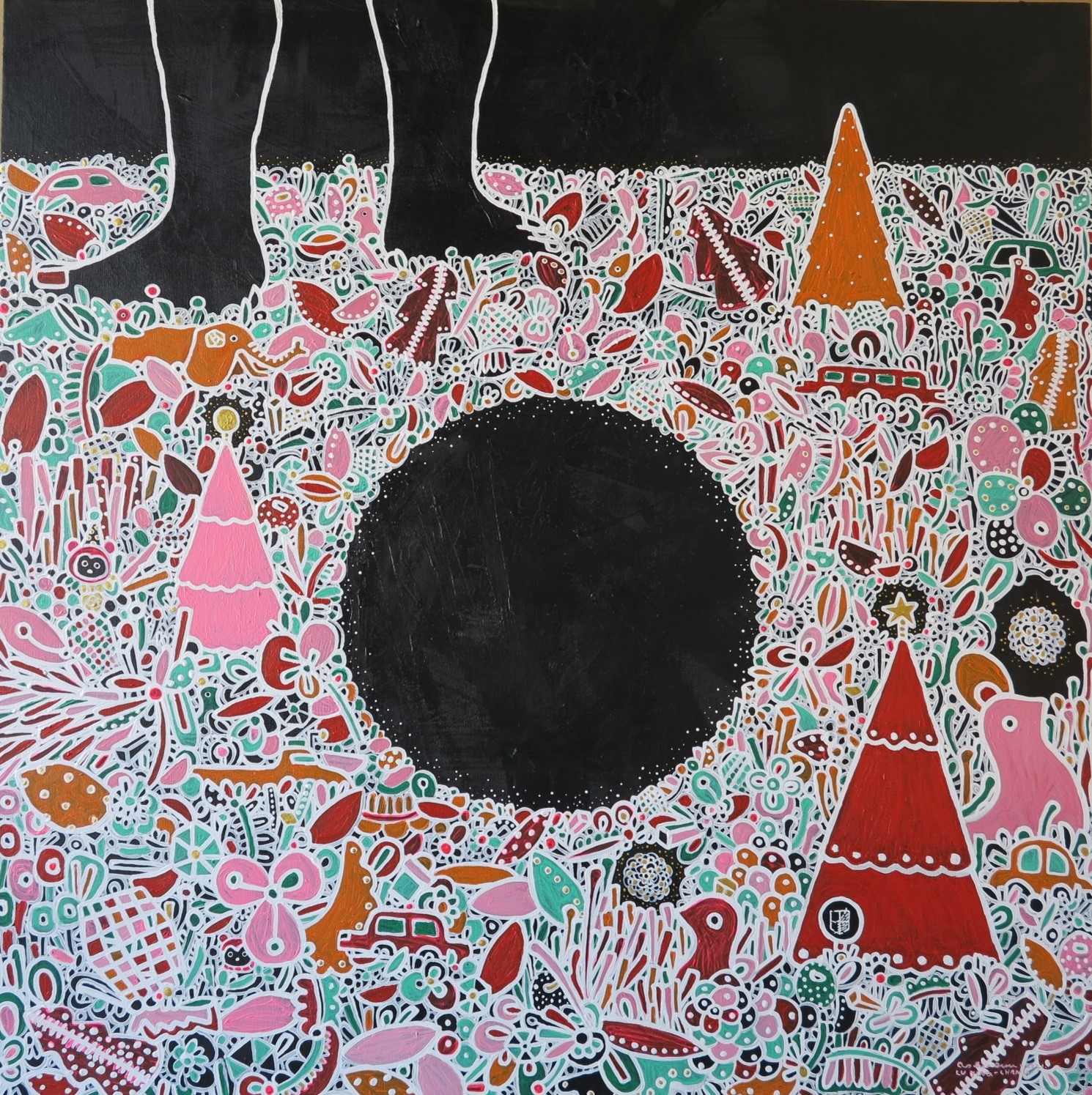 尋找巨人的許願池。Searching for the Giant’s  wishing fountain 。Acrylic, canvas 100 x 100 cm 2021 – 2023