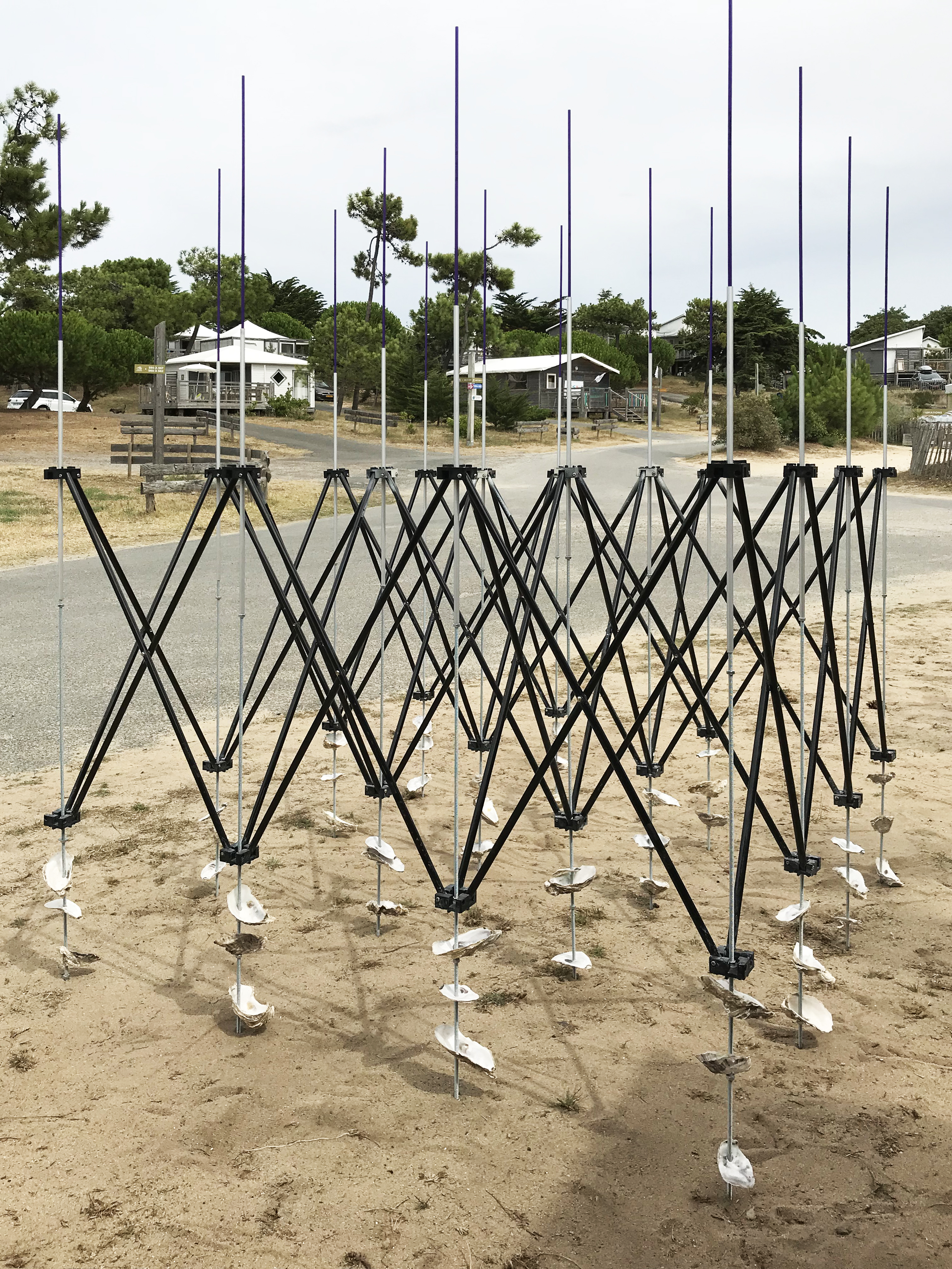 Mobile unit, 2017, pop-up display structure, steel rods, oysters shells variable dimensions
