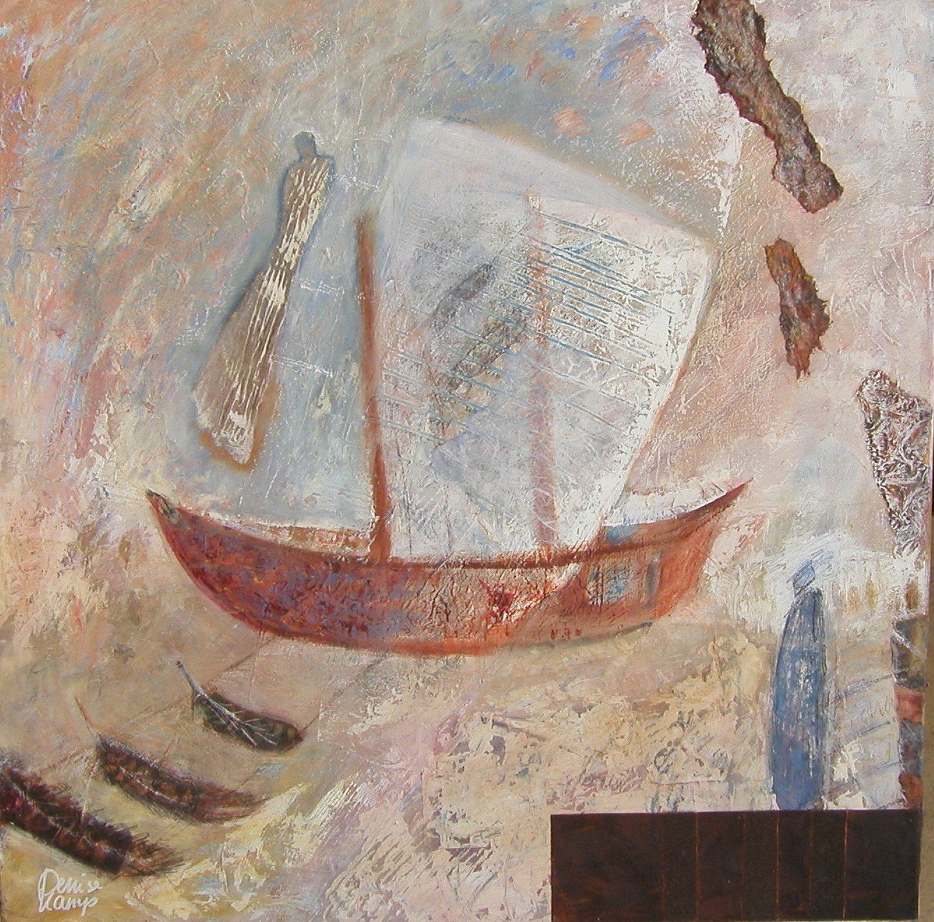 De zee heeft de kleur van de lucht Werk op doek 80 x 80 cm  Gebruikte technieken: collage, olieverf, pastelkrijt. Dit werk is verkocht.