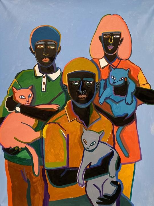 Cat family. Oil on fabric. 2020