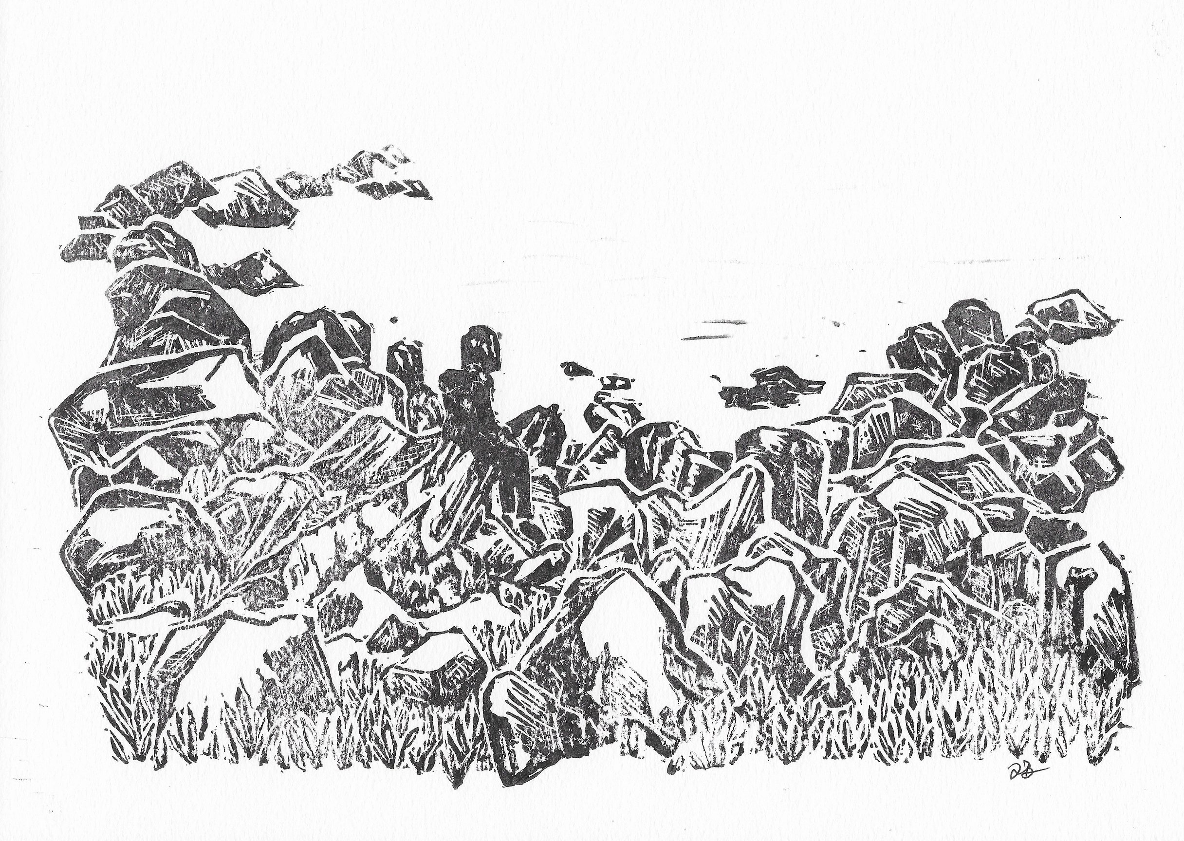 Becoming One with the Rocks, 2022, linoleum ink print on paper, 8.27”x11.69