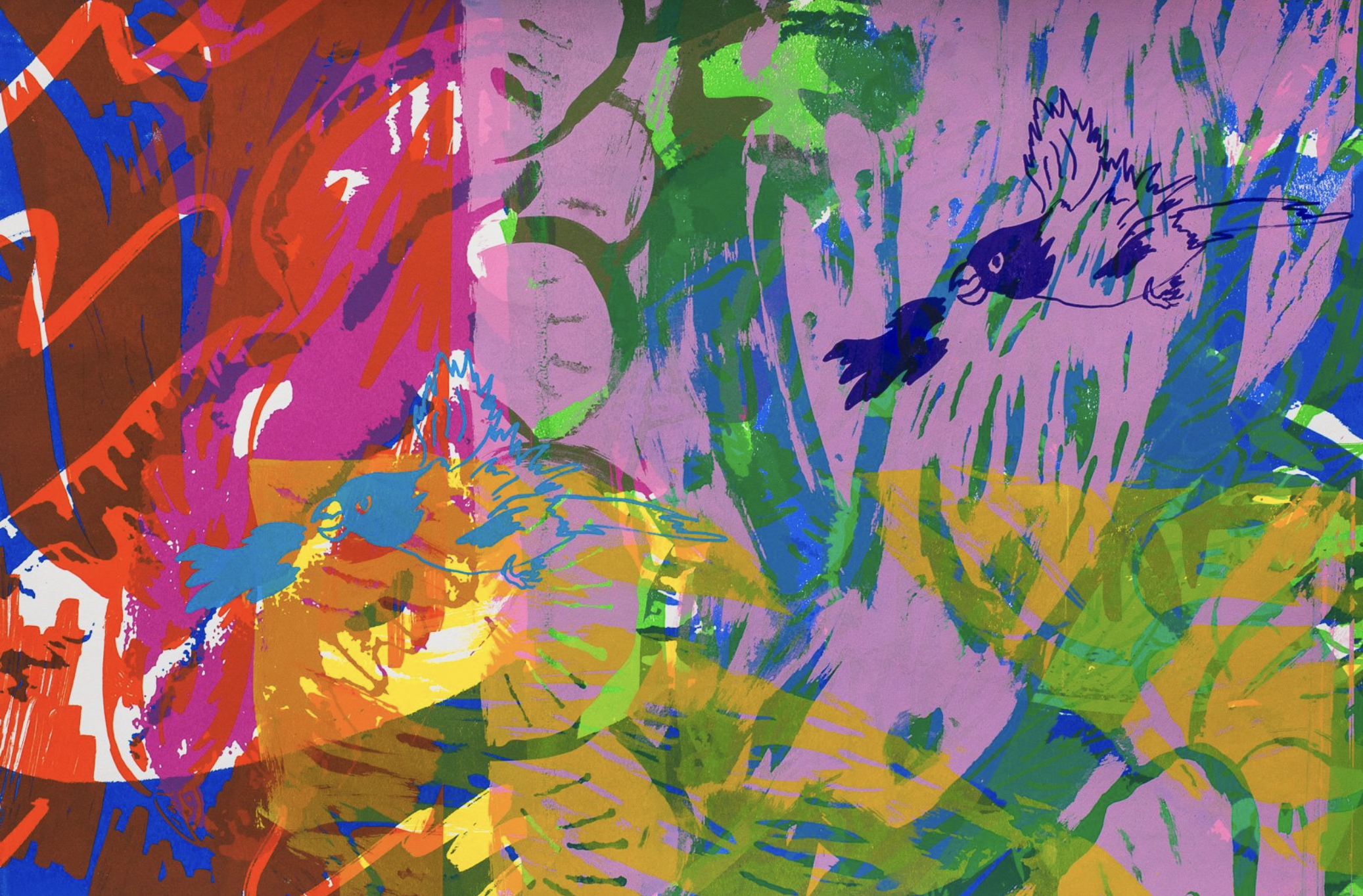 Fire Breathing Birds in the Garden. 01 2022. Screen print. 22” by 15”.