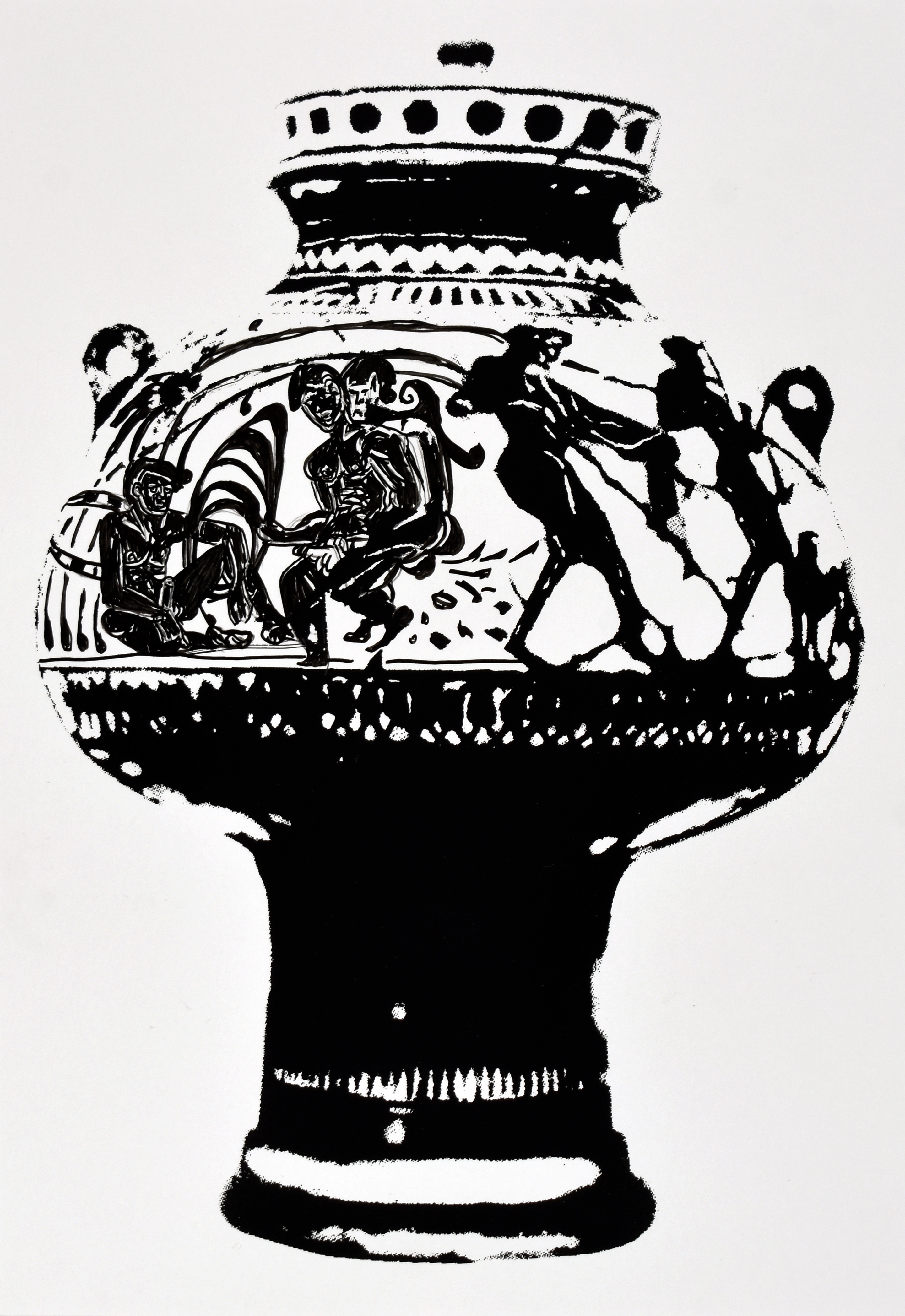 302896 (P.DR.01) Body: Komos, Men, Some With Lyres, Some With Staffs, Some With Dogs, Nonsense Inscriptions, Screenprint and acrylic drawing on paper, 12.5 x 8.5 in., 2024