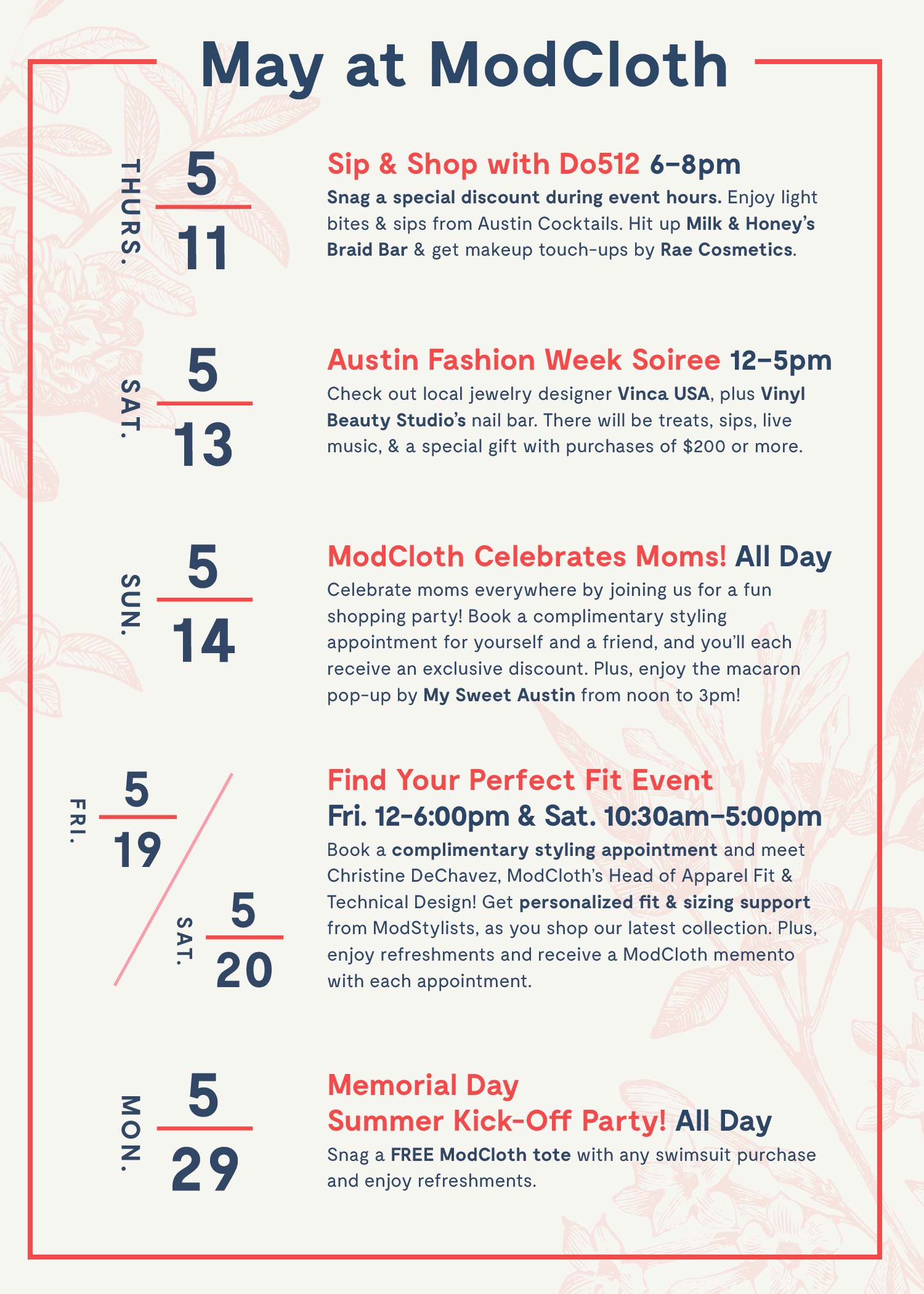 Event schedule for Austin Store