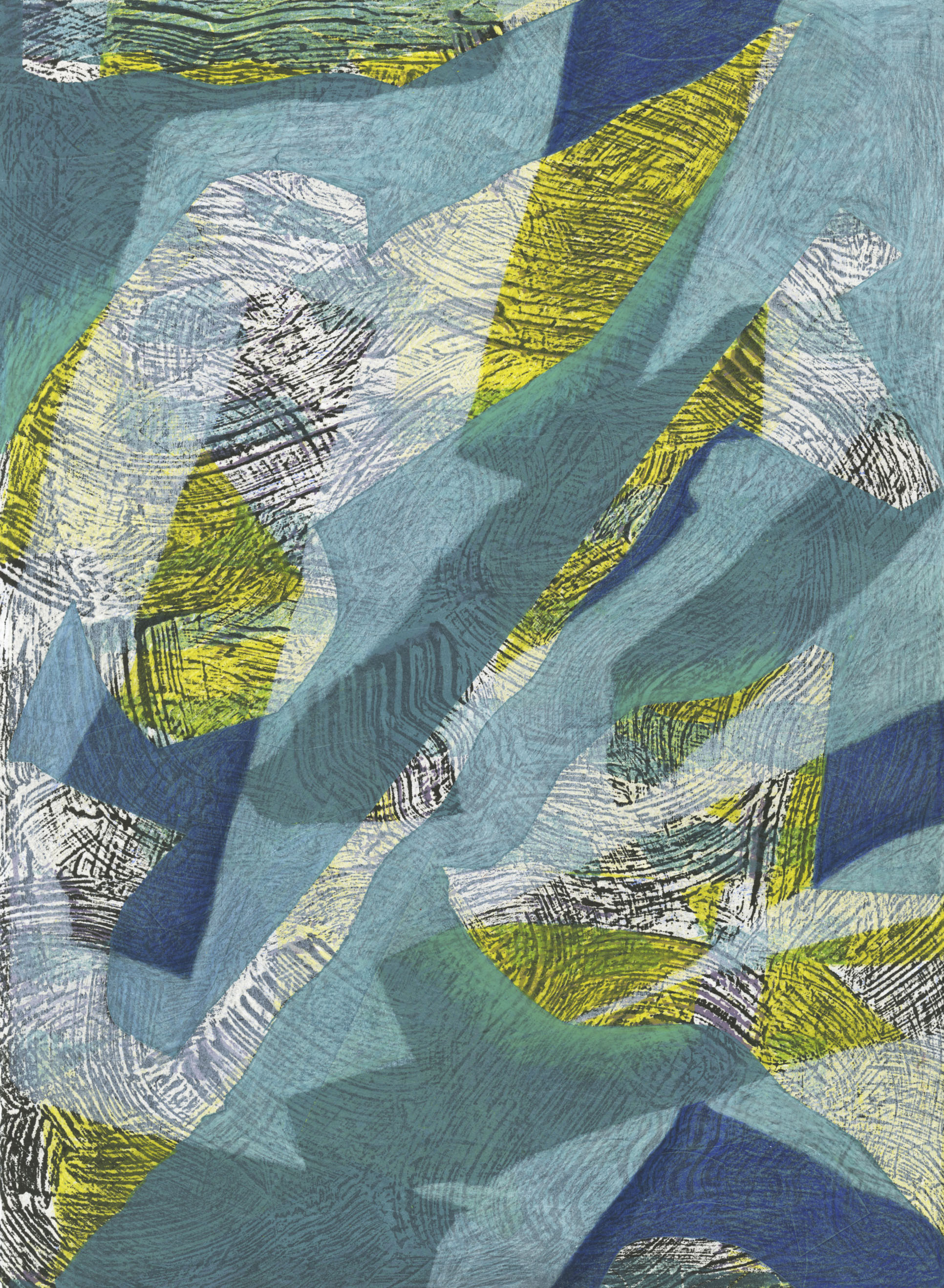 Electric Field, 2018, monoprint with embossment and colored pencil on paper, 15 × 11".