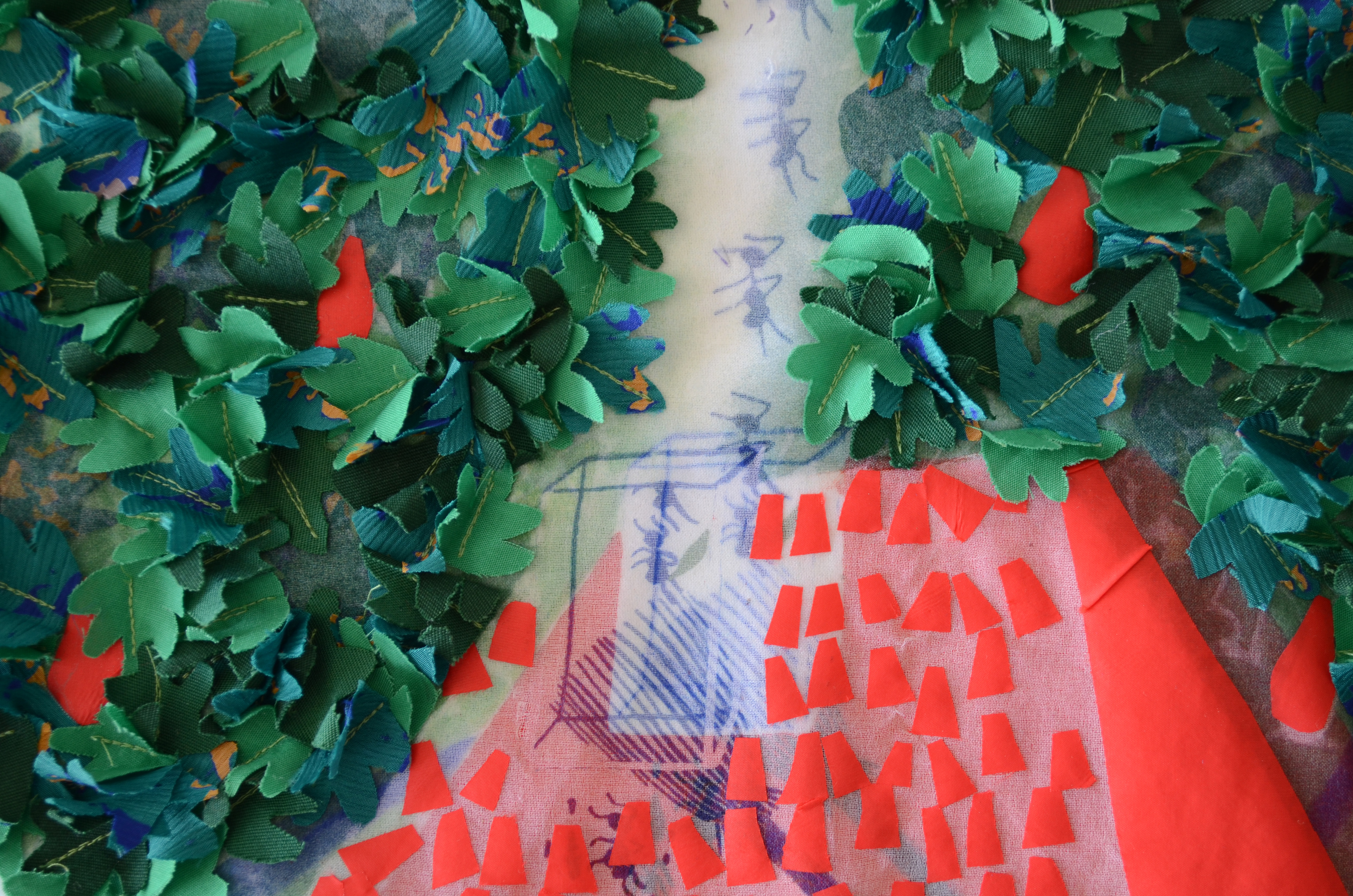 Watching a Line of Ants (textile study IV); inkjet print, silkscreen print, collage and embroidery on cotton and silk; 44 x 50 cm